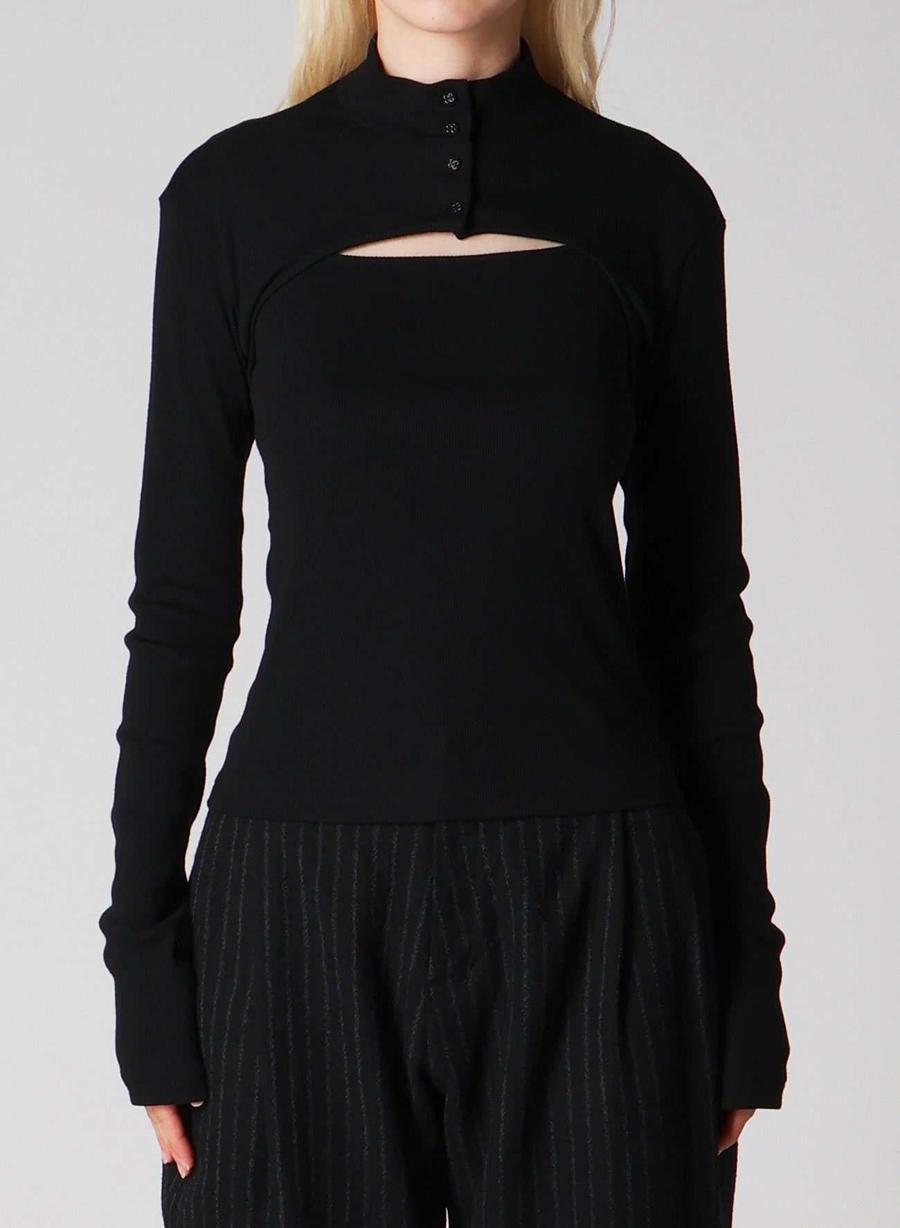 COTTON RAYON RIB CHINA COLLAR T-SHIRT