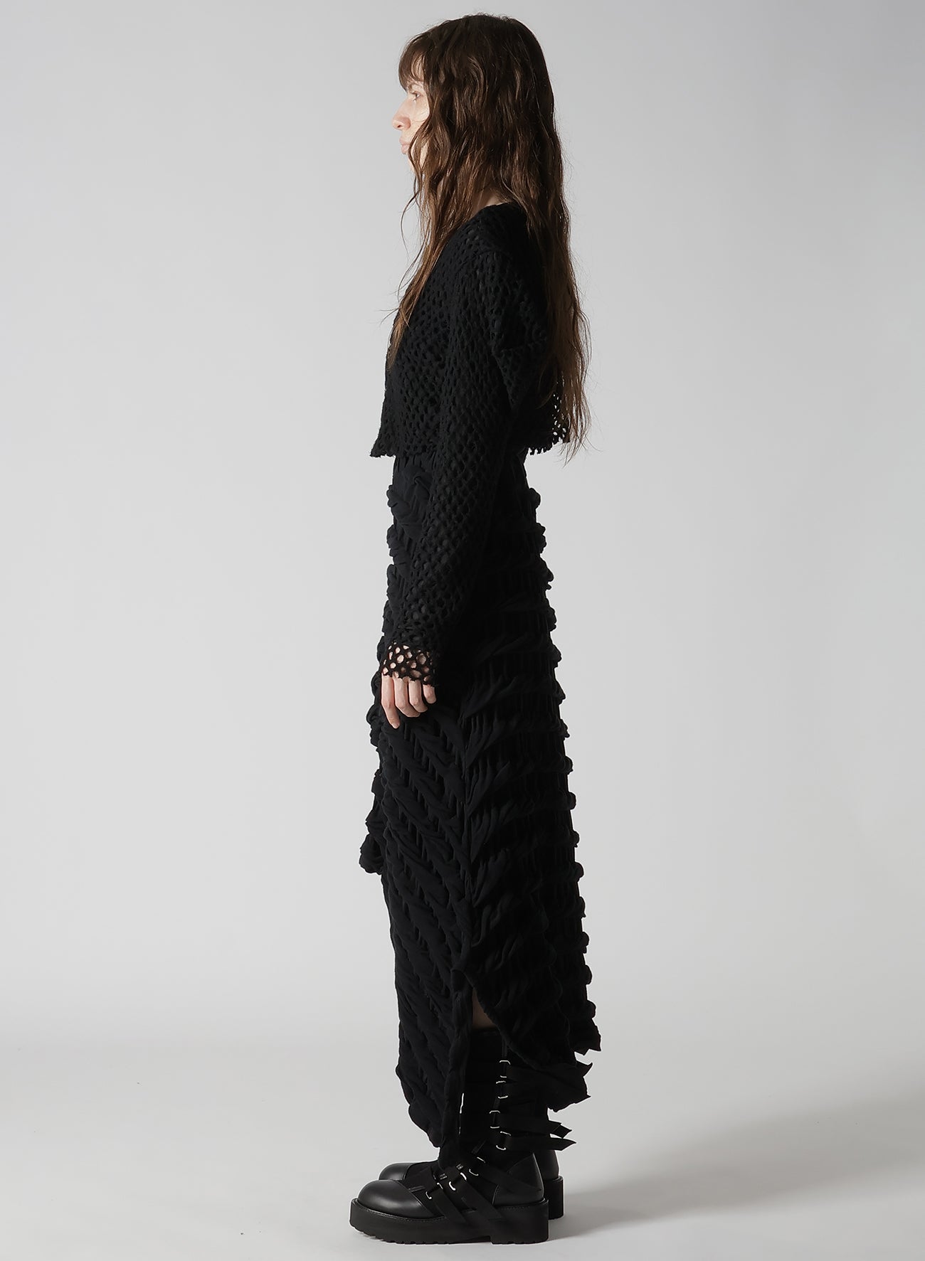 HOLE JACQUARD + CHIFFON PUFF CARDIGAN