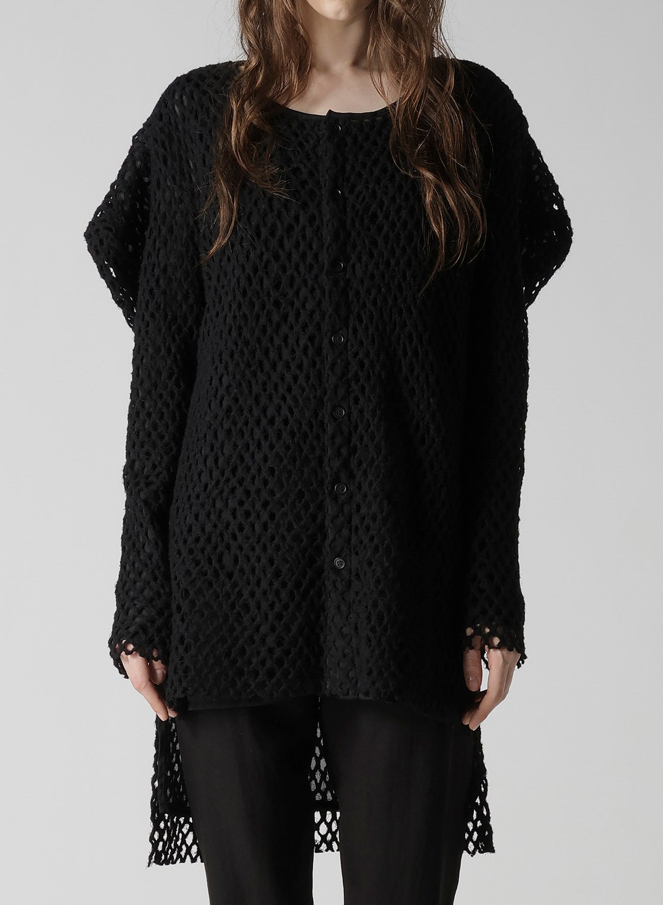 HOLE JACQUARD + CHIFFON PUFF LONG CARDIGAN