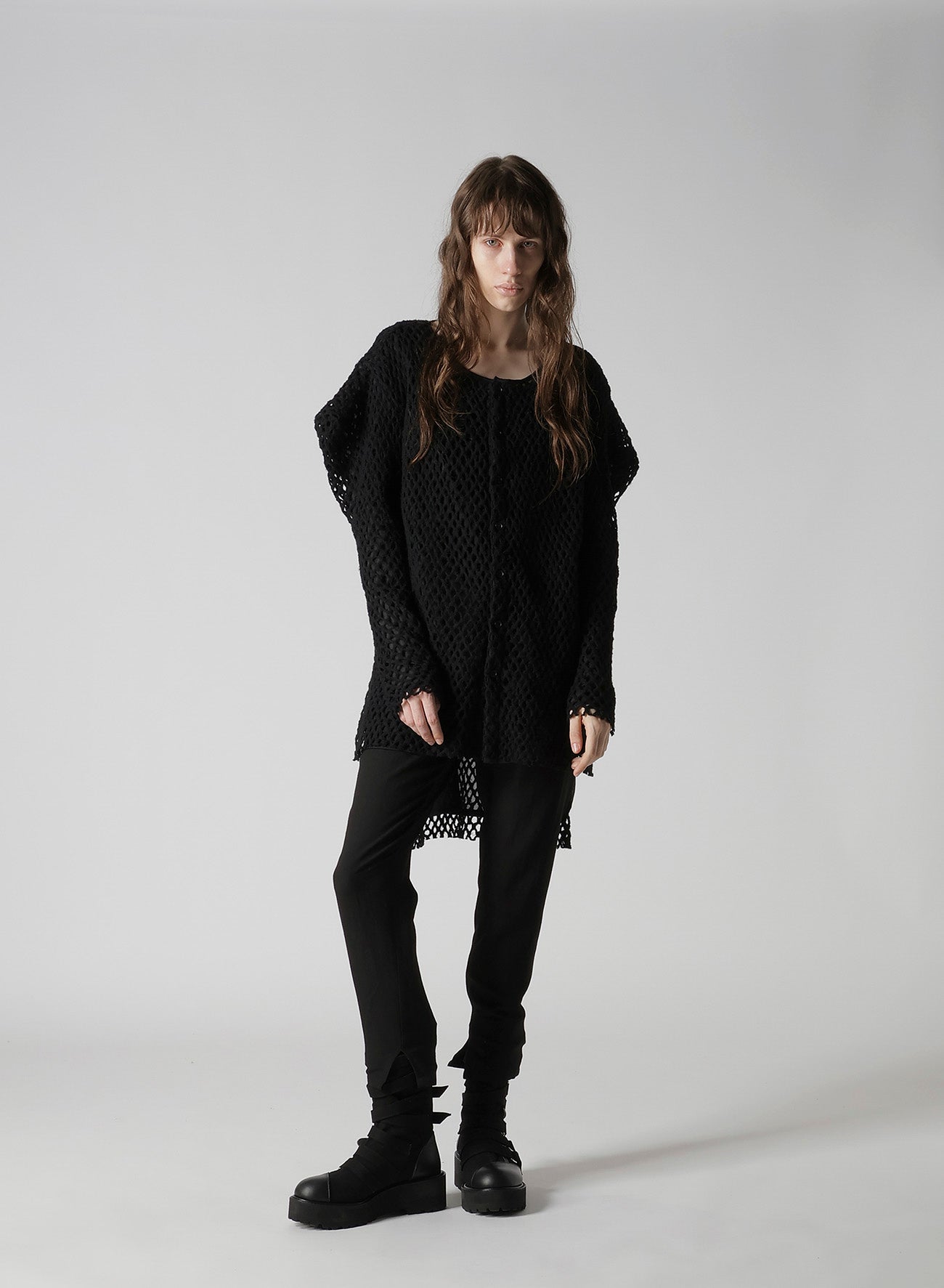 HOLE JACQUARD + CHIFFON PUFF LONG CARDIGAN