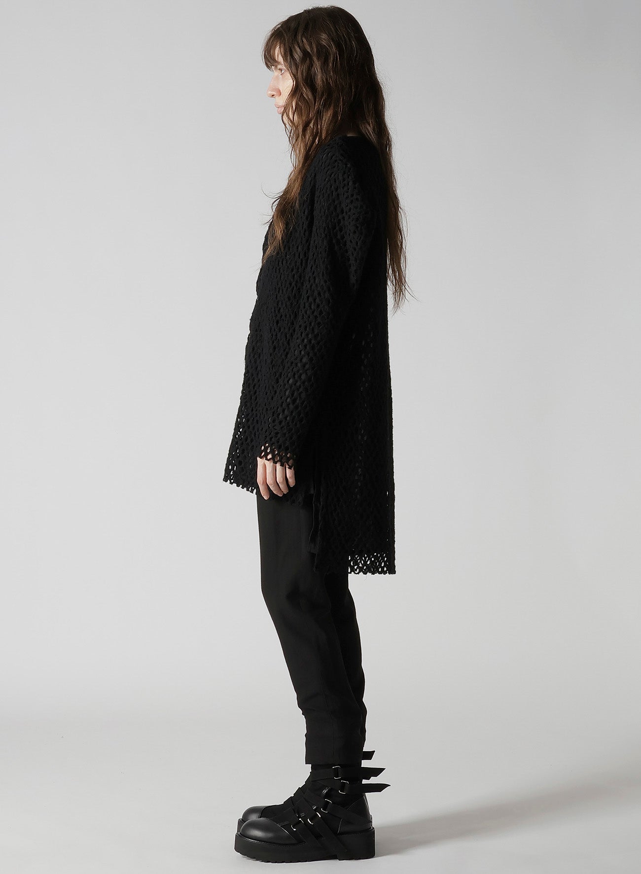 HOLE JACQUARD + CHIFFON PUFF LONG CARDIGAN