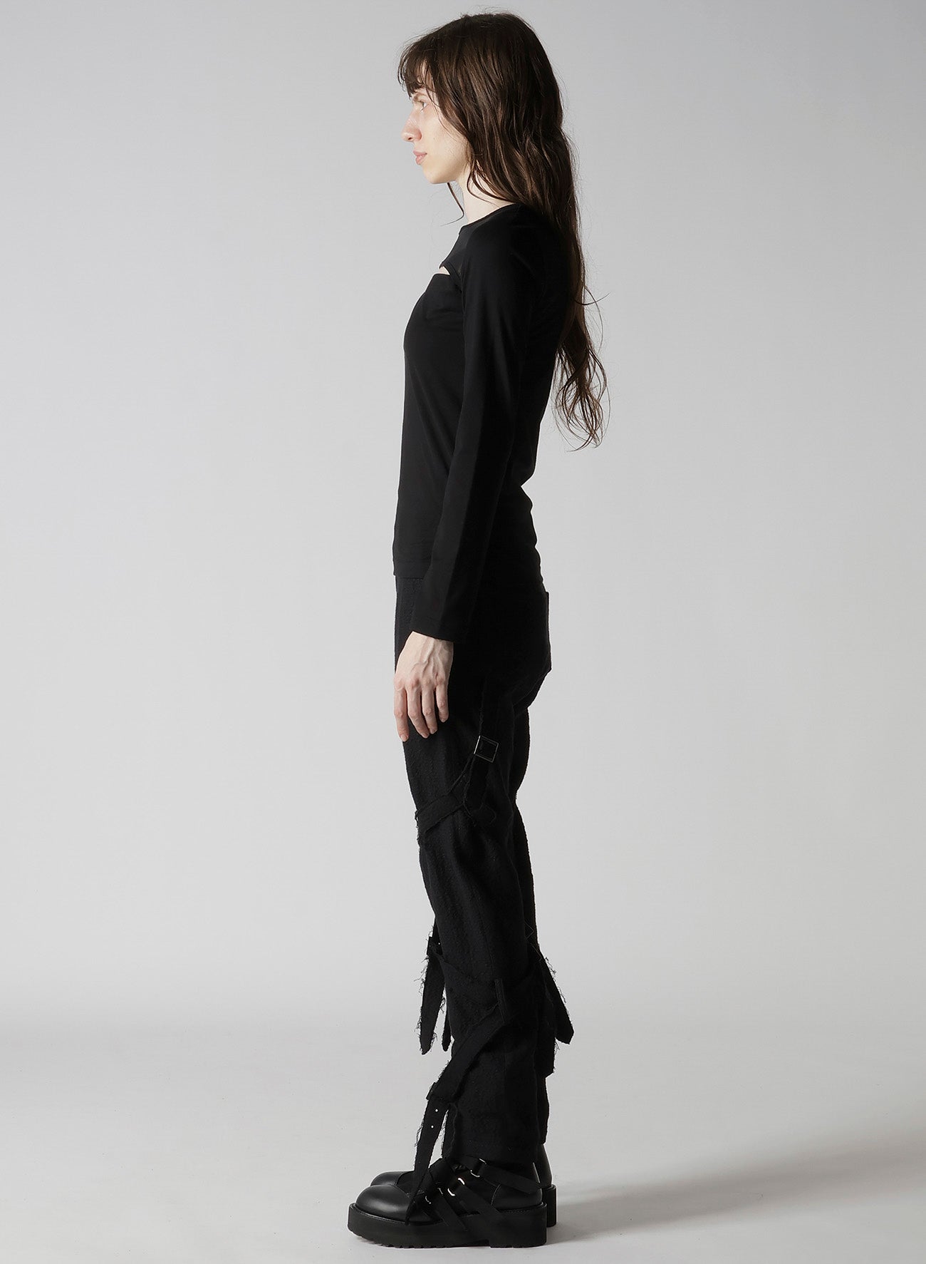 PLAIN STITCH +TULLE SLIT CHEST LONG SLEEVE T-SHIRT