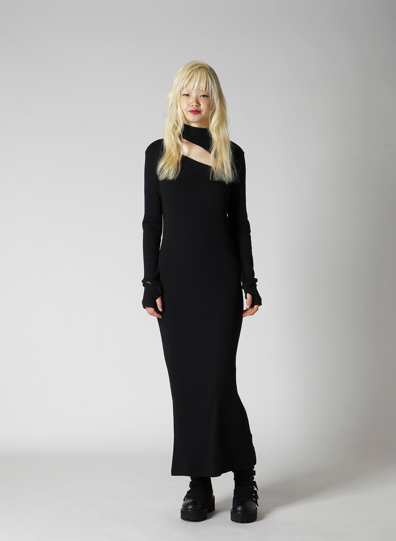 COTTON RAYON RIB SLIT DRESS