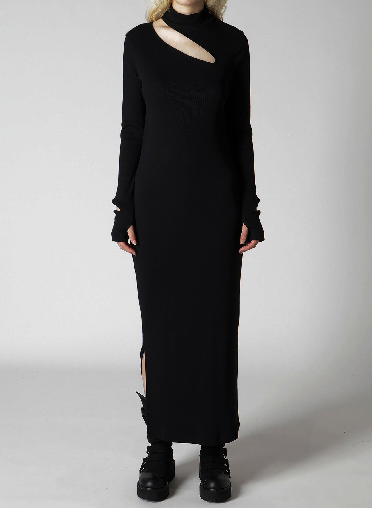COTTON RAYON RIB SLIT DRESS