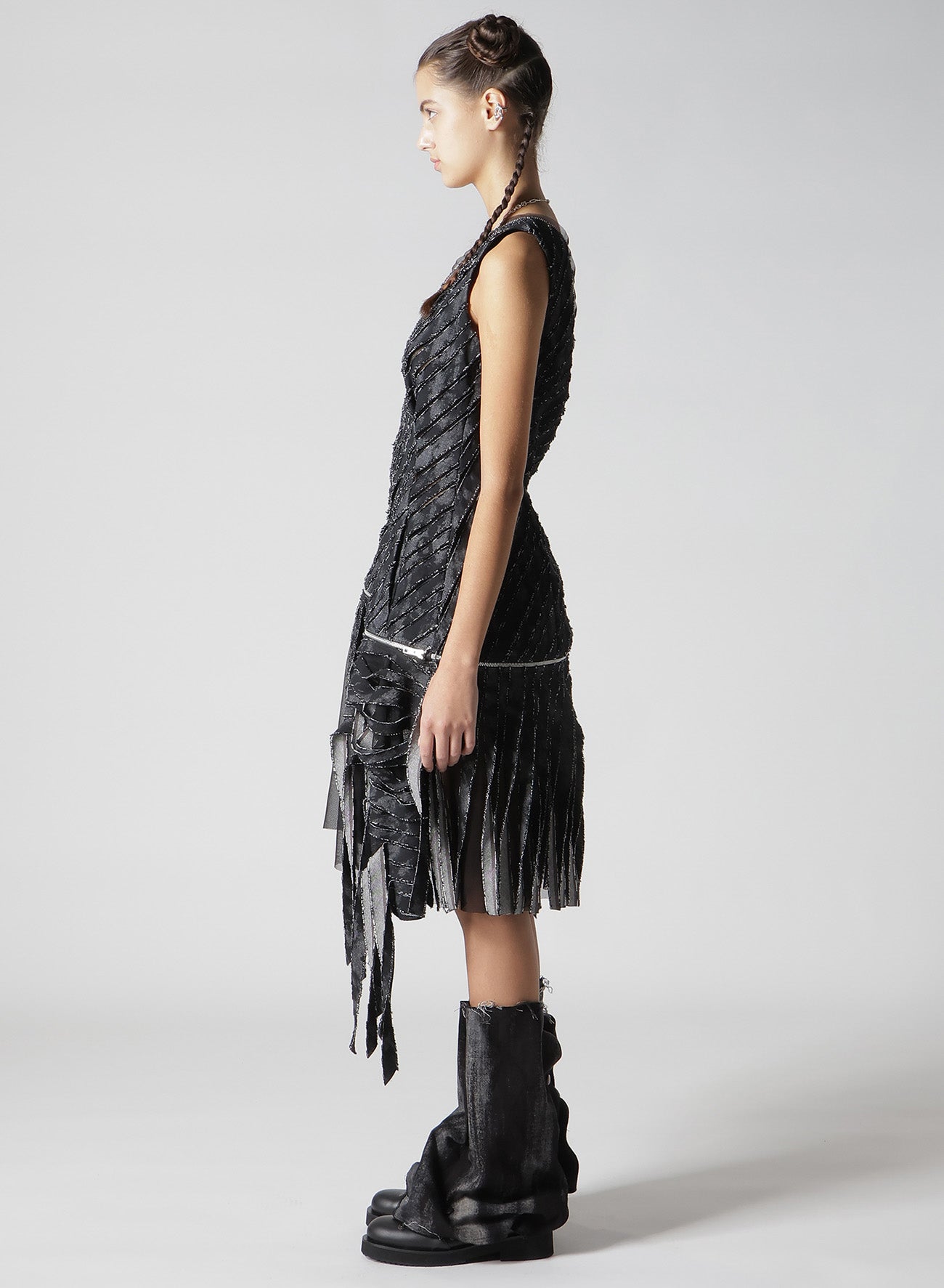 DENIM WITH SLASH DETAIL ZIP ONE SHOULDER DRESS
