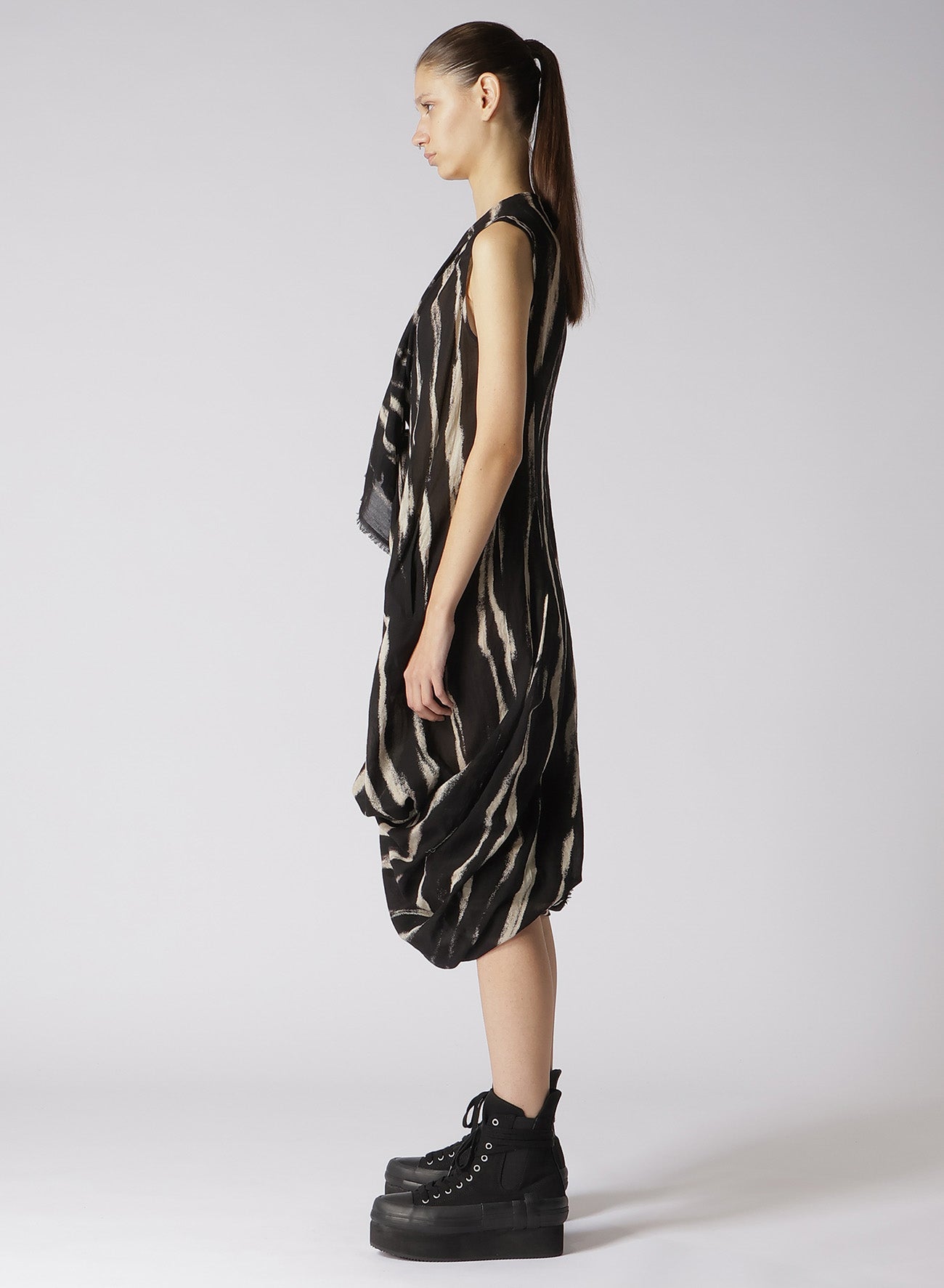 BLEACHED STRIPE DRAPE DARTS DRESS
