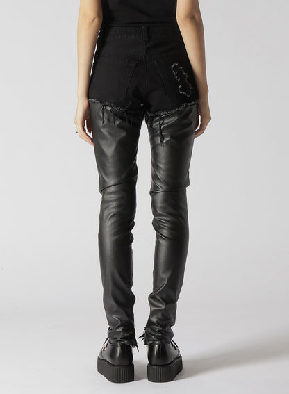 LEATHER + DENIM SLIM PANTS