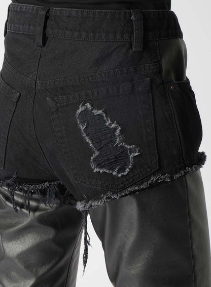 LEATHER + DENIM SLIM PANTS