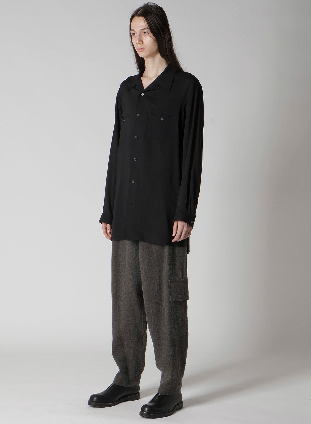 CELLULOSE LAWN PANEL OPEN-COLLAR SHIRT