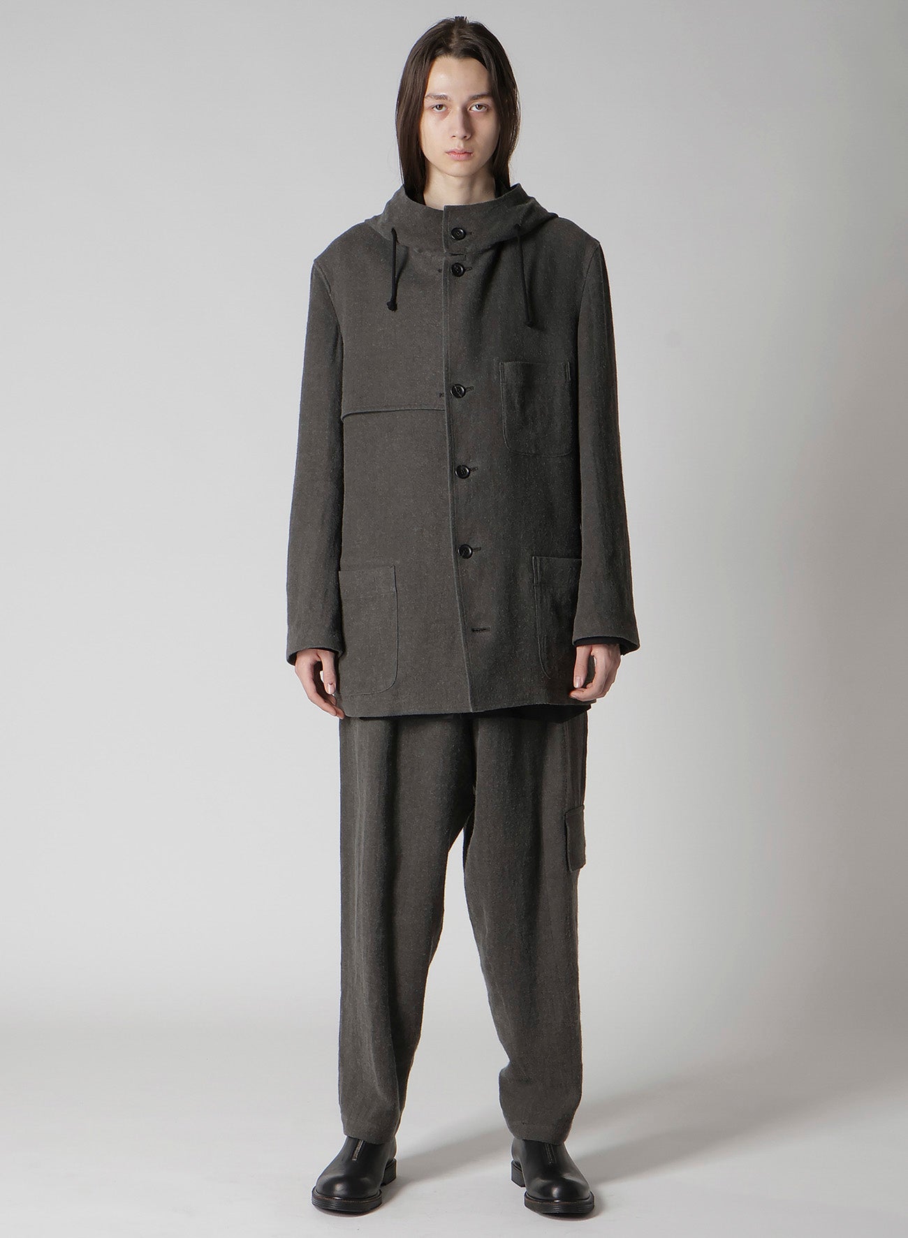 INK-DYED LINEN-WOOL VIYELLA HOODED JACKET