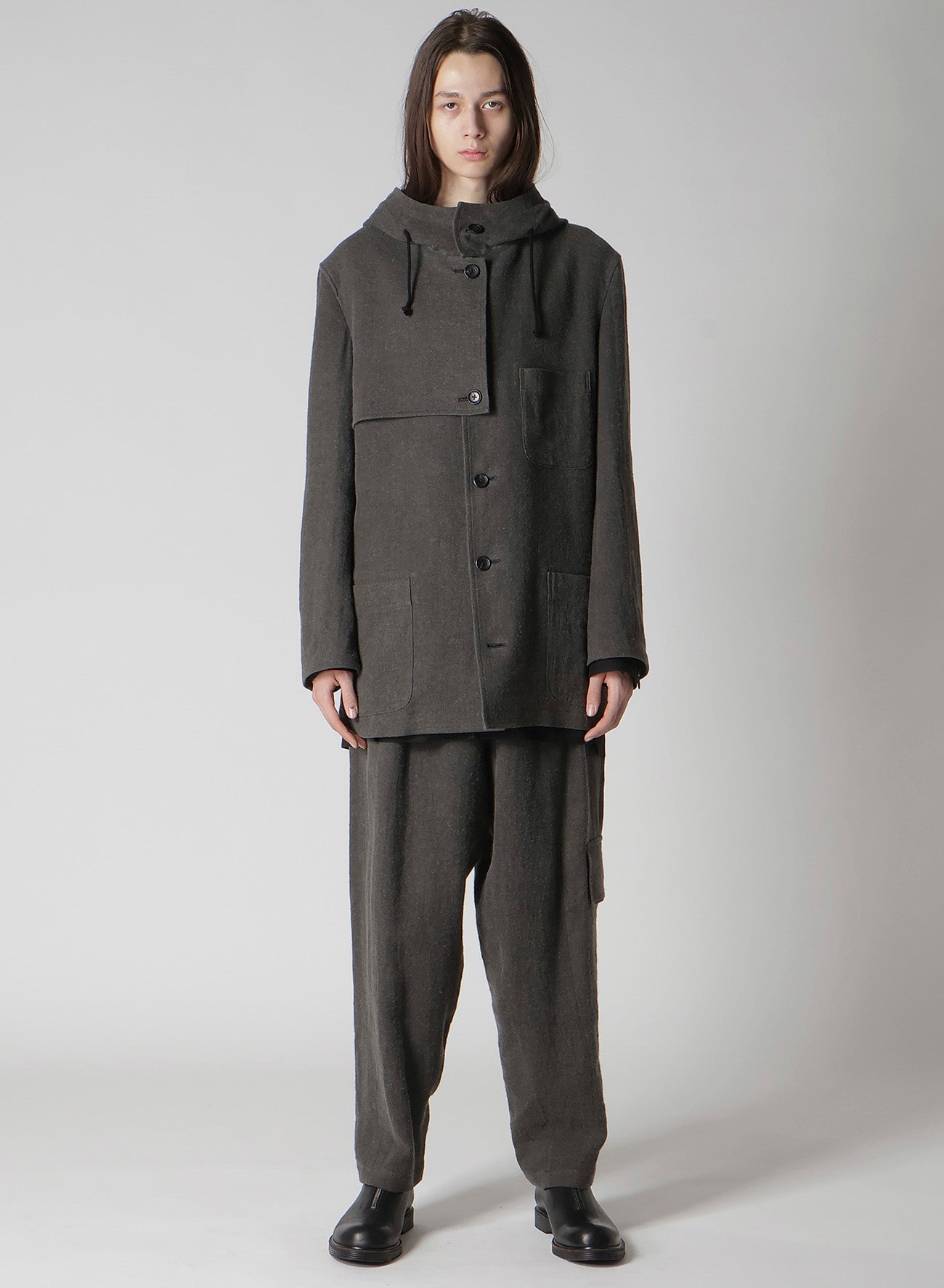 INK-DYED LINEN-WOOL VIYELLA HOODED JACKET