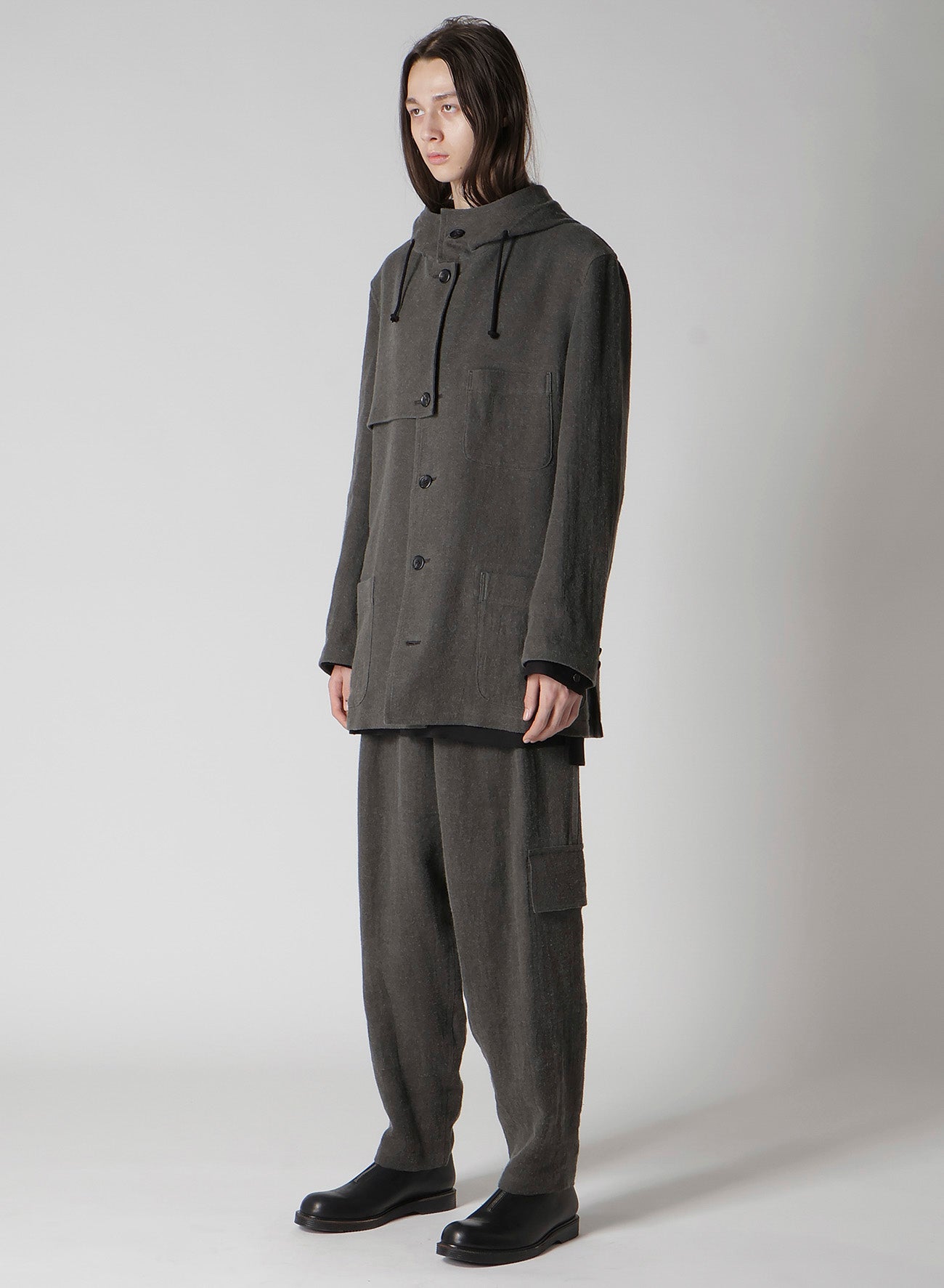 INK-DYED LINEN-WOOL VIYELLA HOODED JACKET