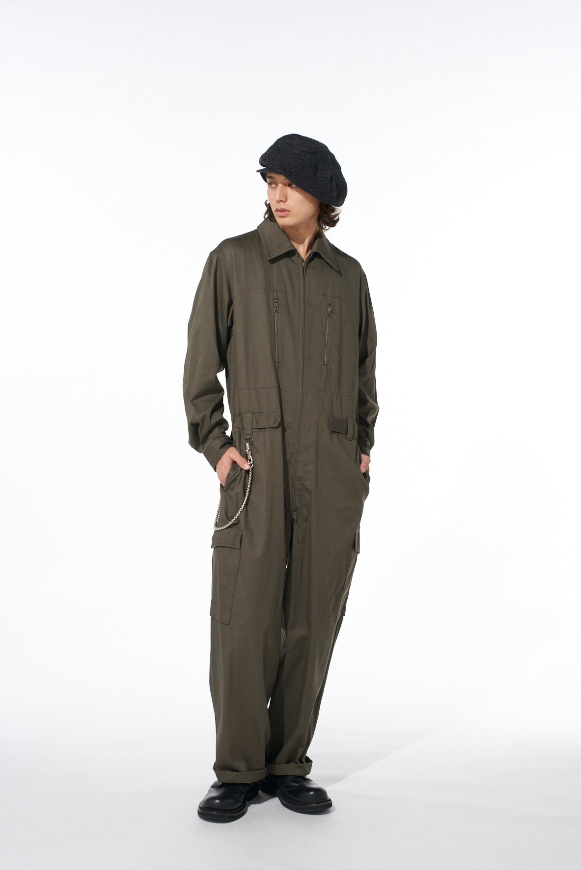 COTTON TWILL 6-POCKET ZIP-UP JUMPSUIT