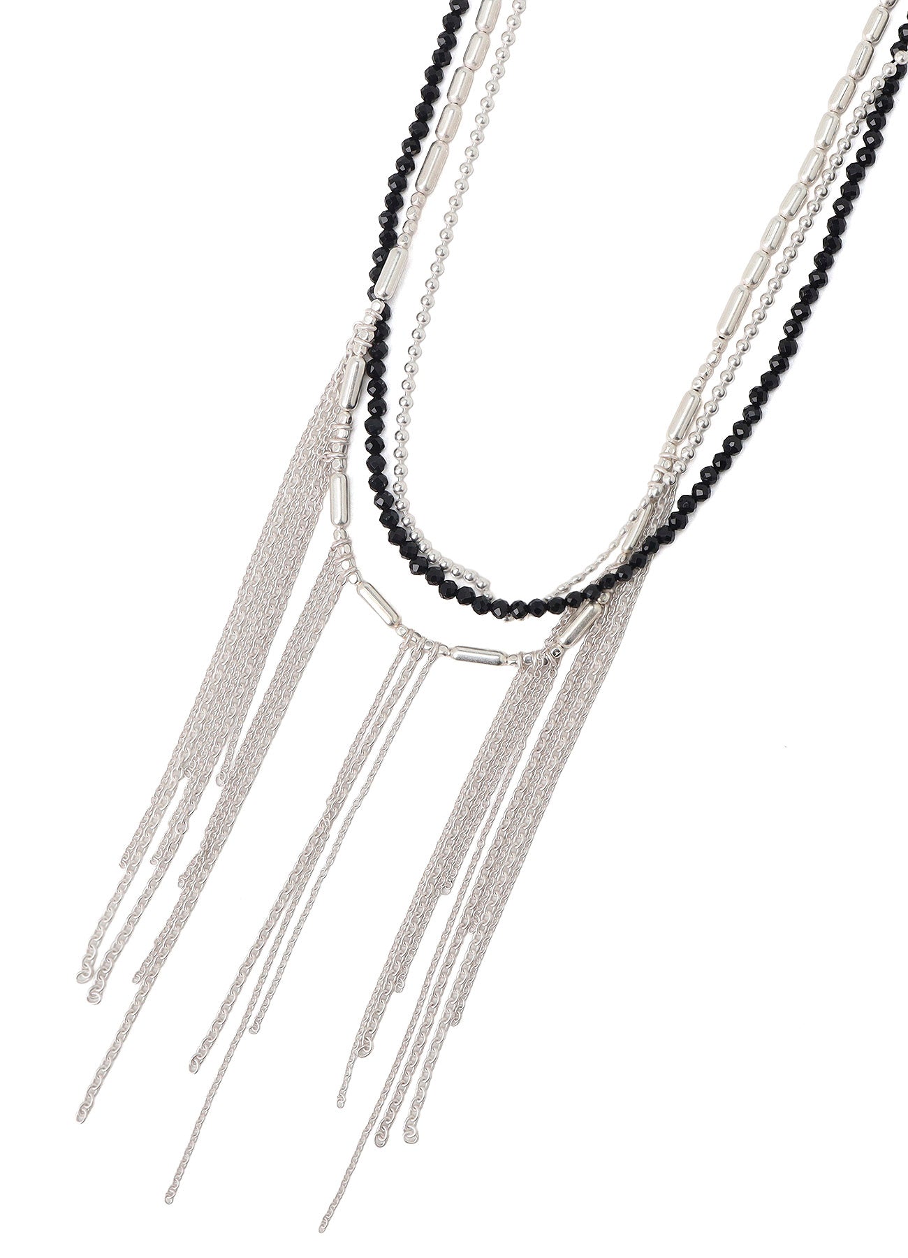 ONYX AND BRASS TASSEL LAYERED NECKLACE