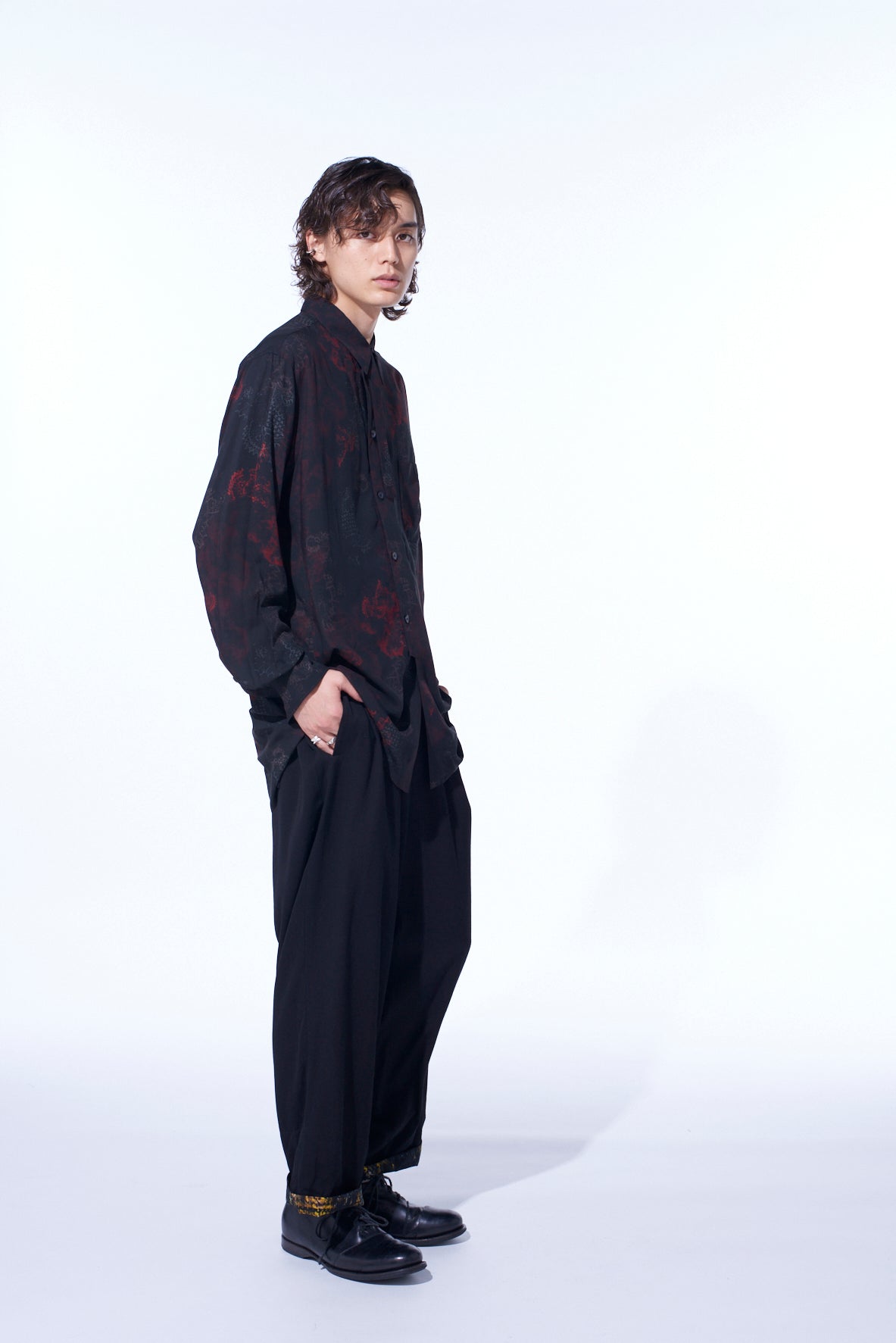 RAYON CRIMSON LACE PRINT REGULAR COLLAR SHIRT