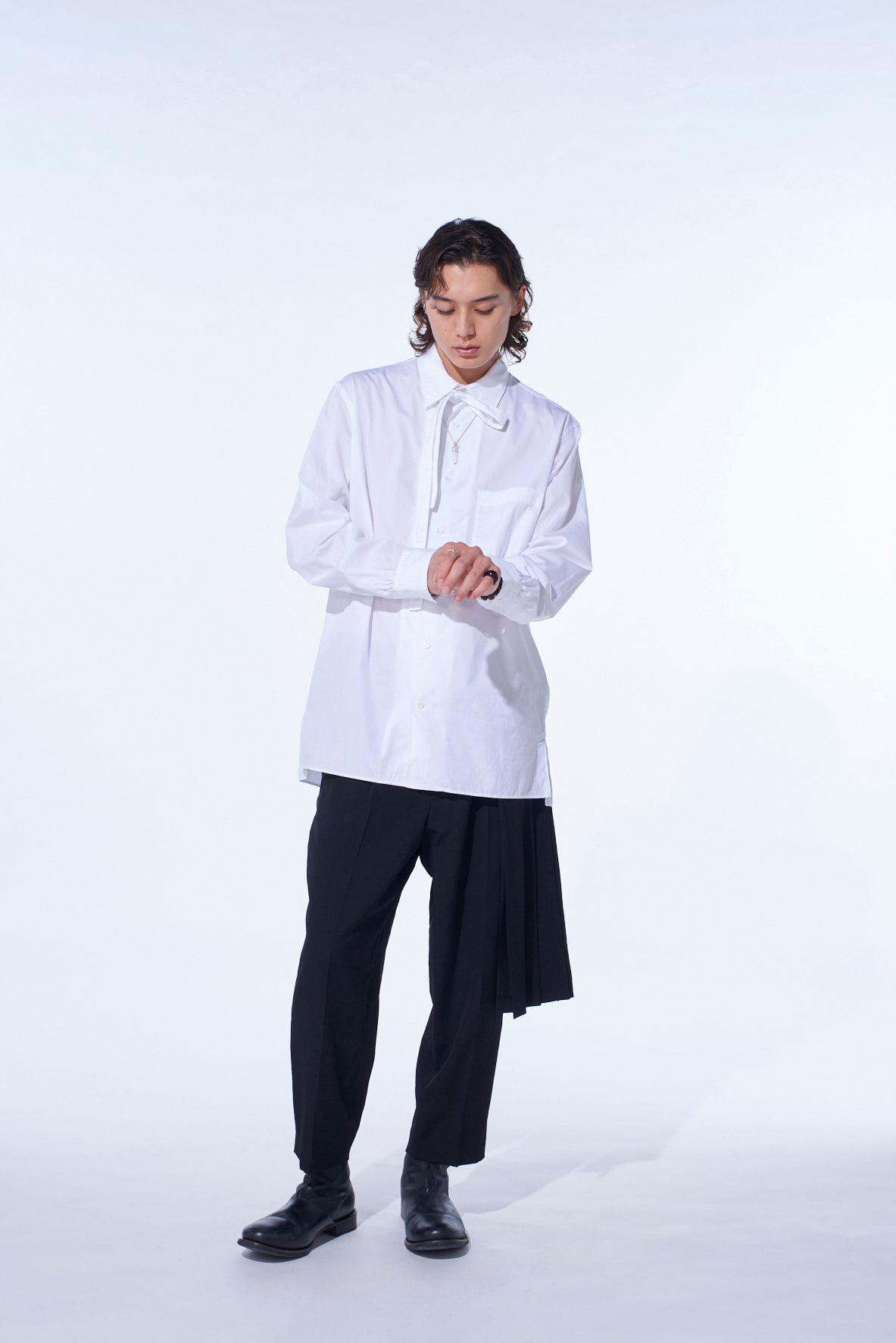 COTTON BROAD RIBON STAND COLLAR SHIRT