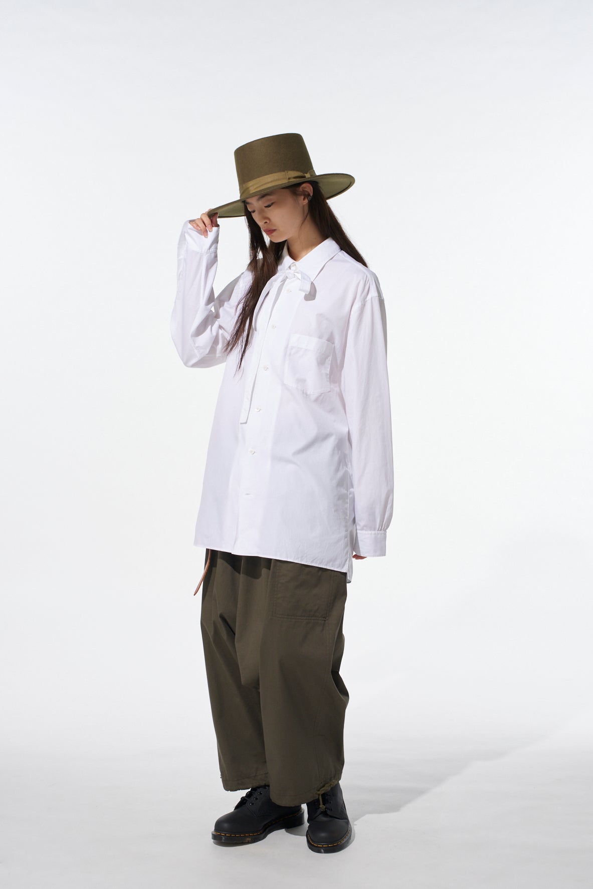 COTTON BROAD RIBON STAND COLLAR SHIRT