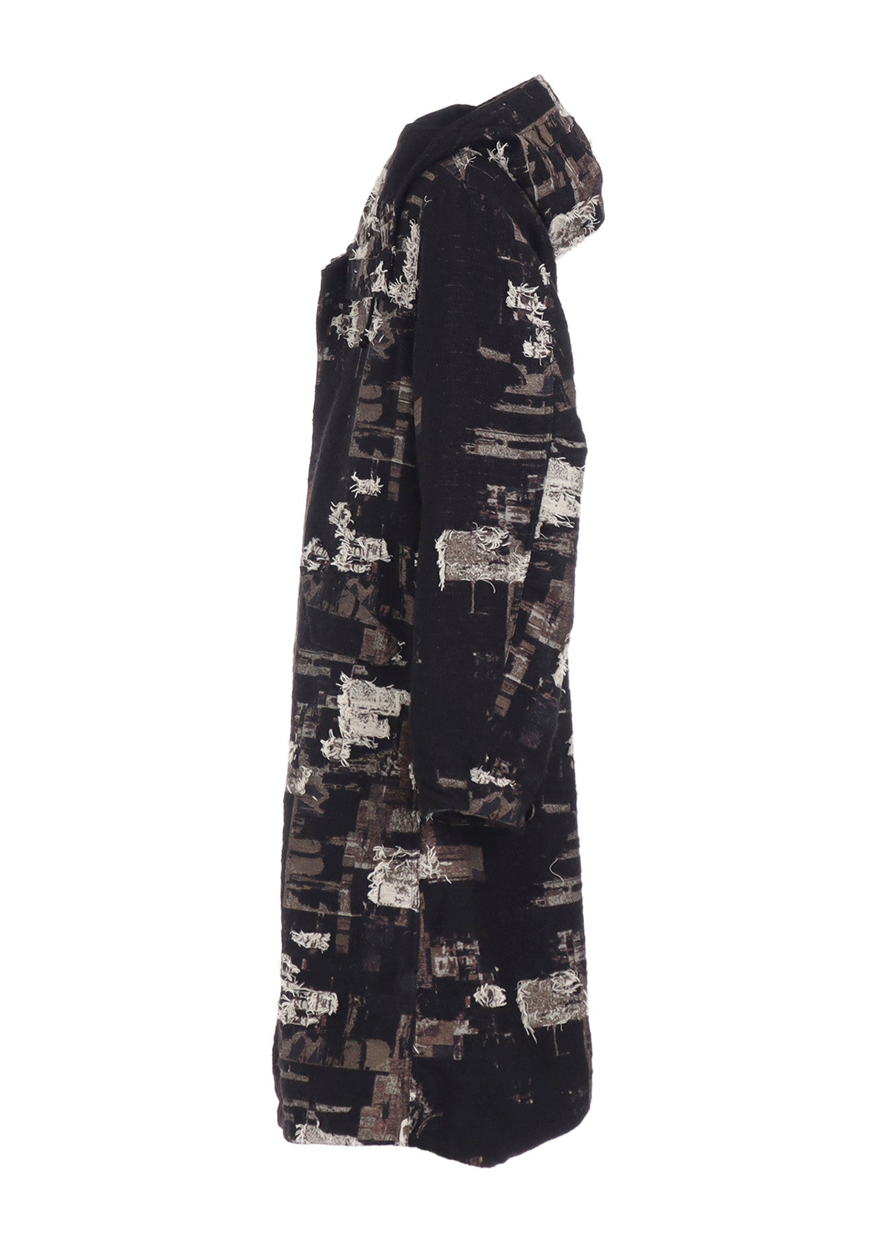 PATCHWORK CUT JACQUARD HOODED COAT