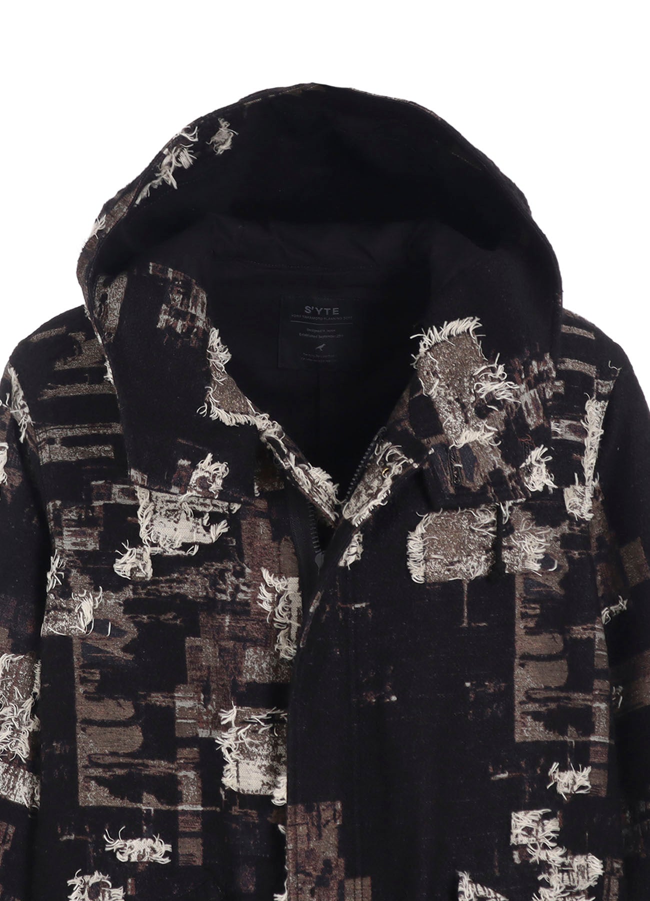 PATCHWORK CUT JACQUARD HOODED COAT