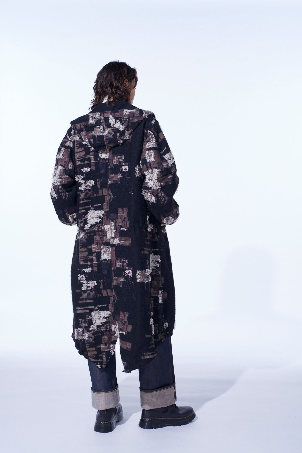 PATCHWORK CUT JACQUARD HOODED COAT