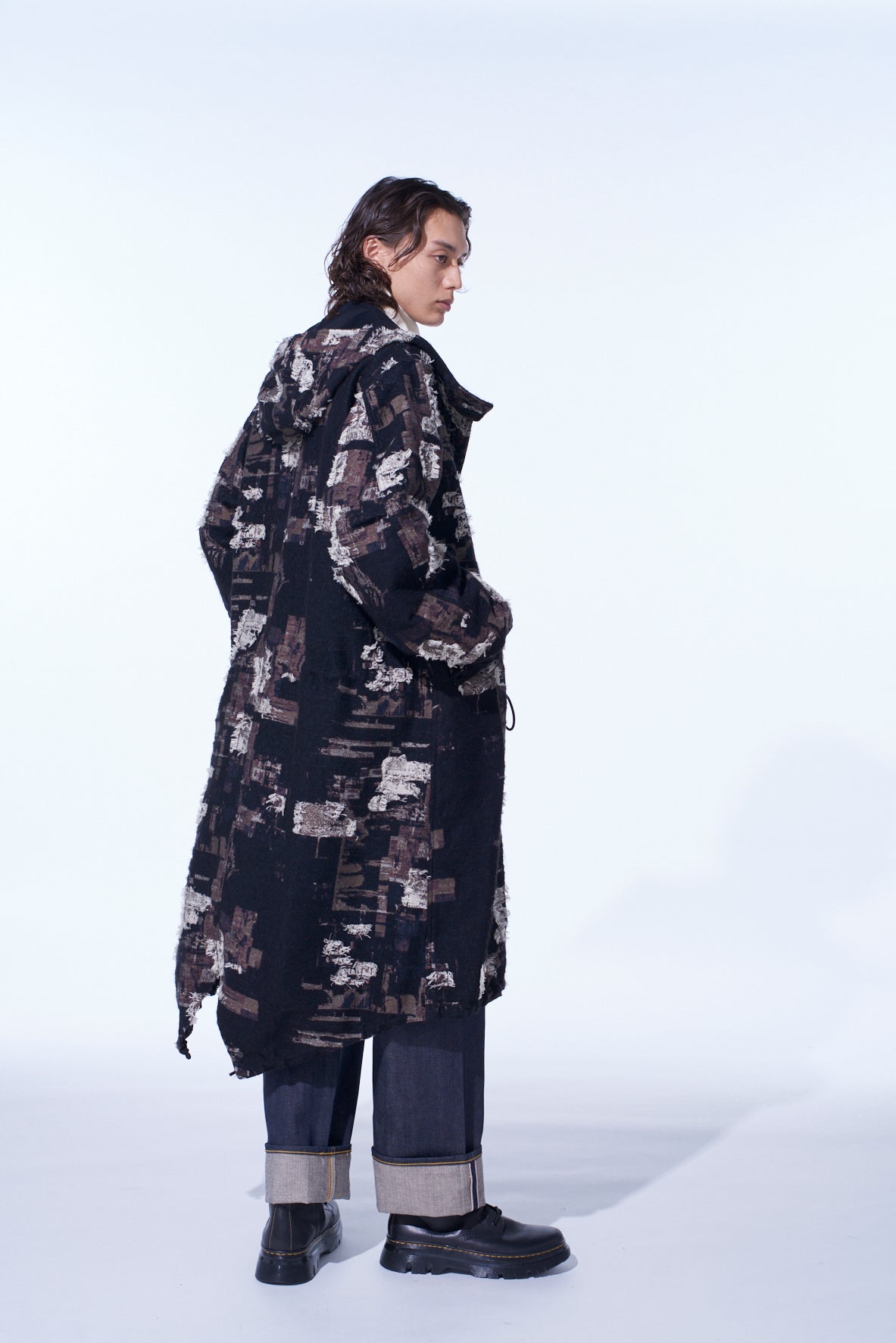 PATCHWORK CUT JACQUARD HOODED COAT