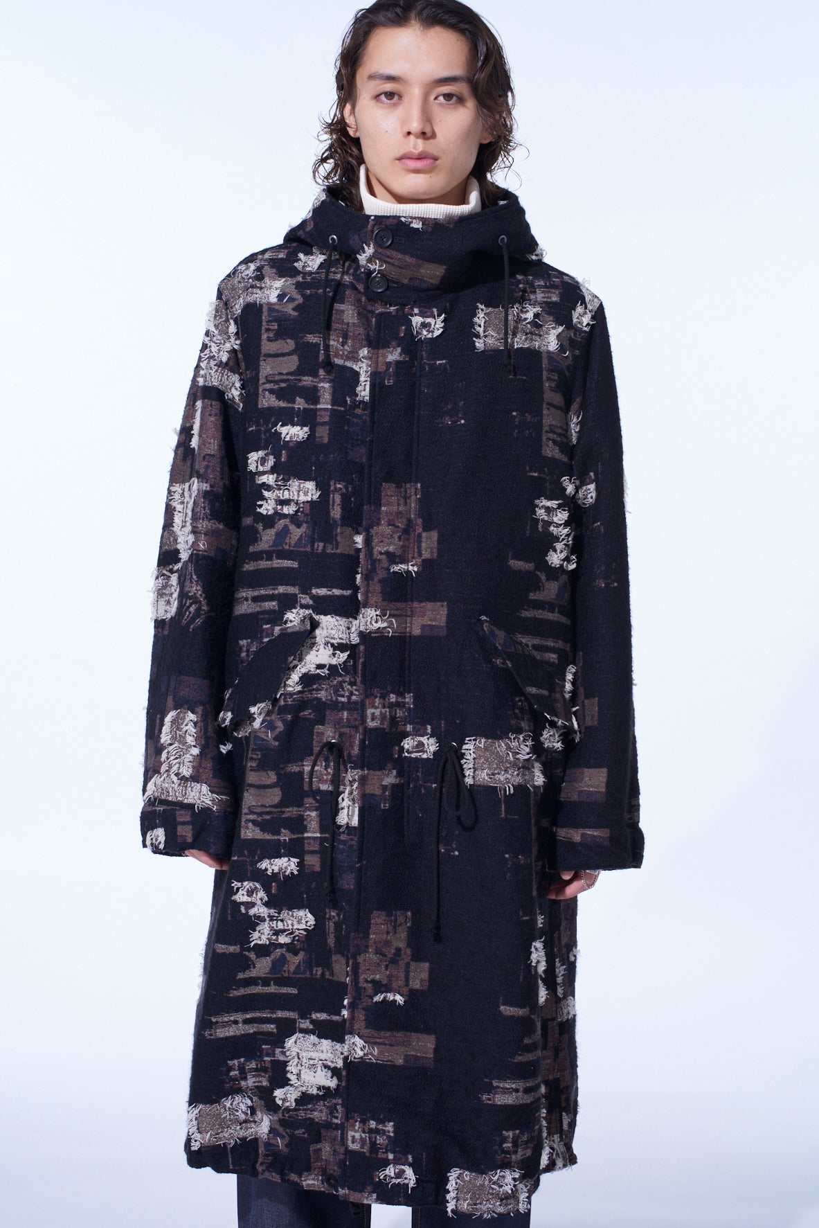PATCHWORK CUT JACQUARD HOODED COAT