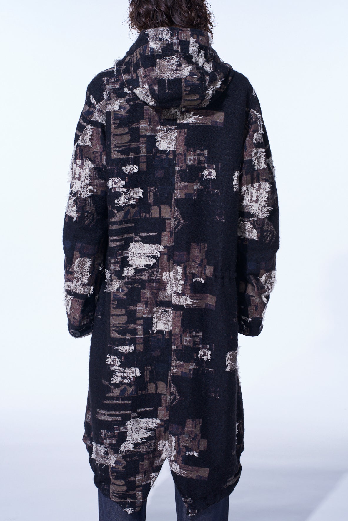 PATCHWORK CUT JACQUARD HOODED COAT