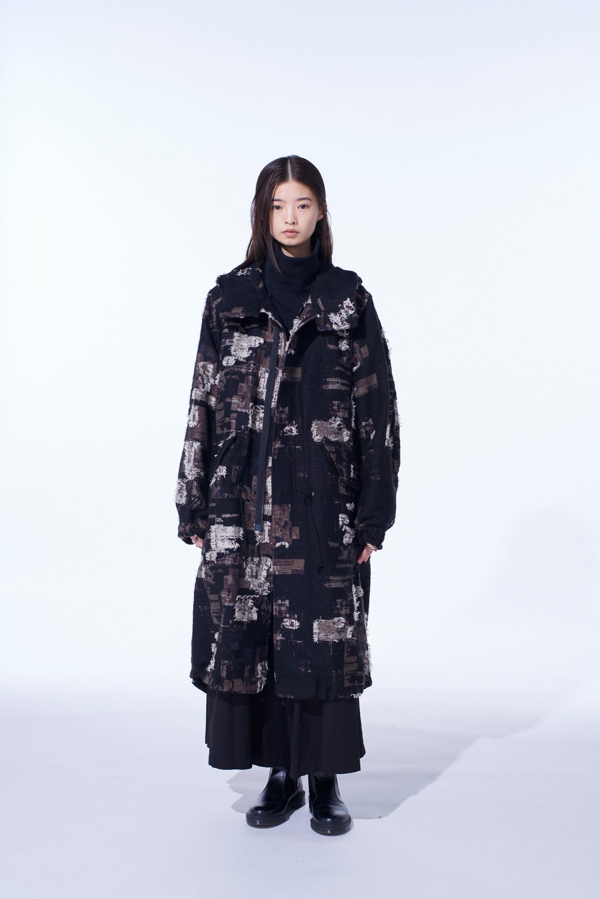 PATCHWORK CUT JACQUARD HOODED COAT