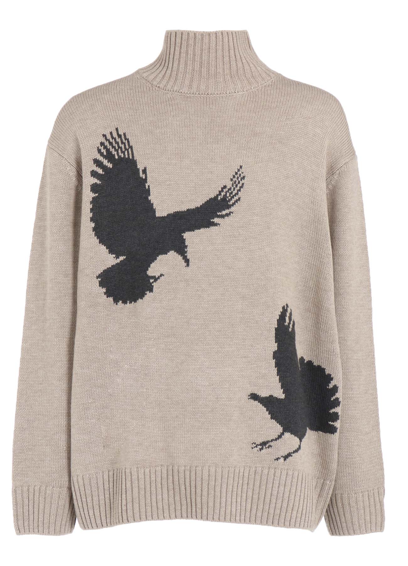 7G WOOL-BLEND INTARSIA CROW-PATTERN HIGH NECK KNIT