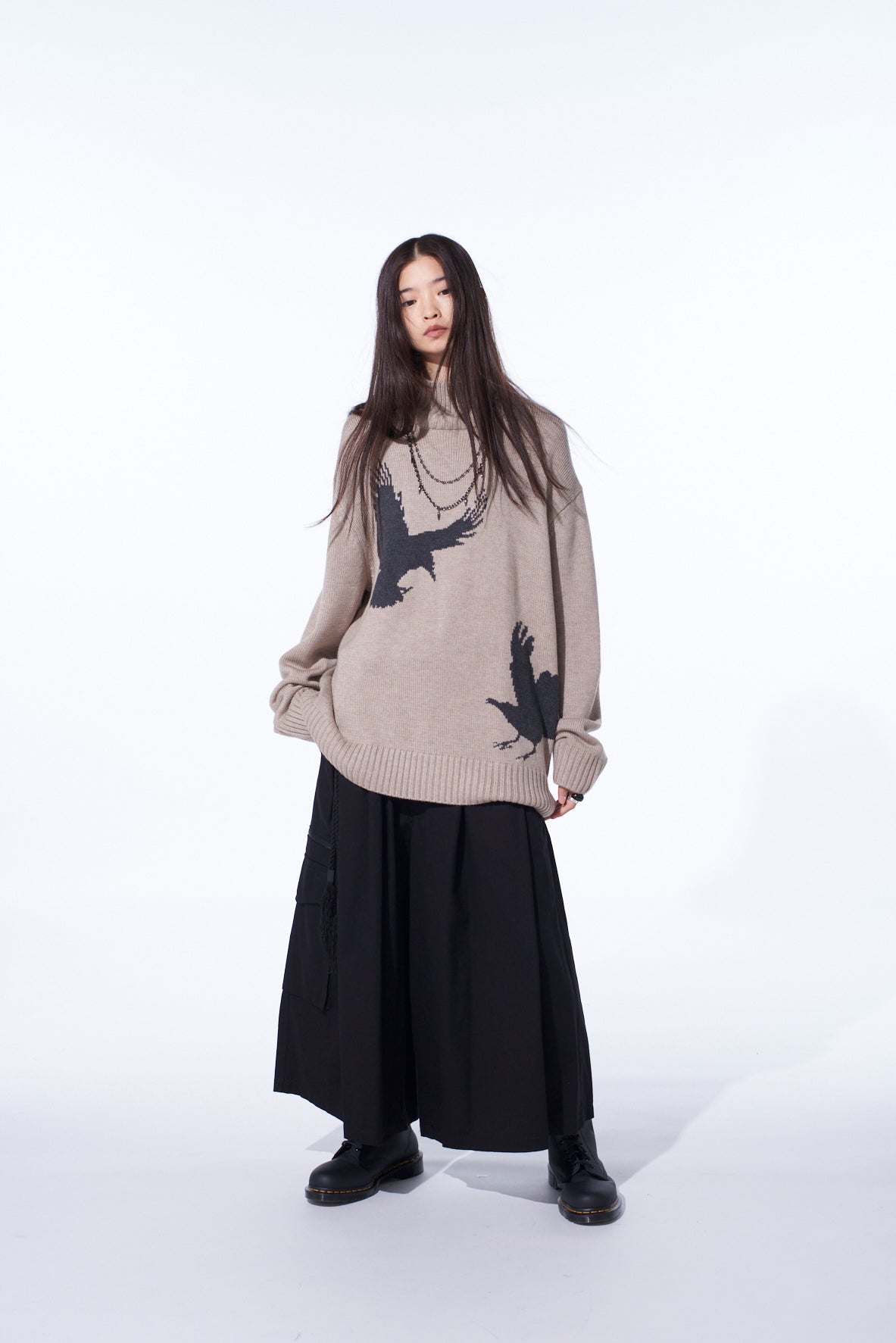 7G WOOL-BLEND INTARSIA CROW-PATTERN HIGH NECK KNIT