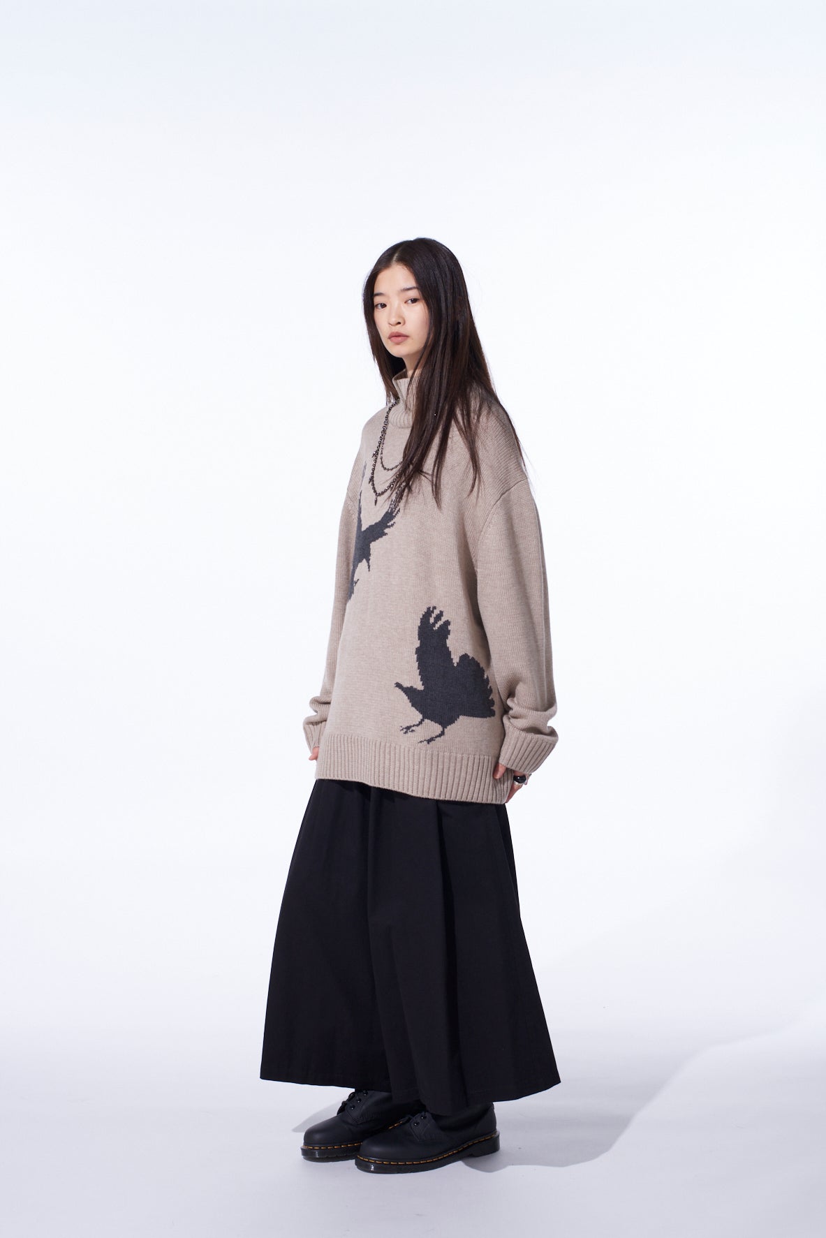 7G WOOL-BLEND INTARSIA CROW-PATTERN HIGH NECK KNIT