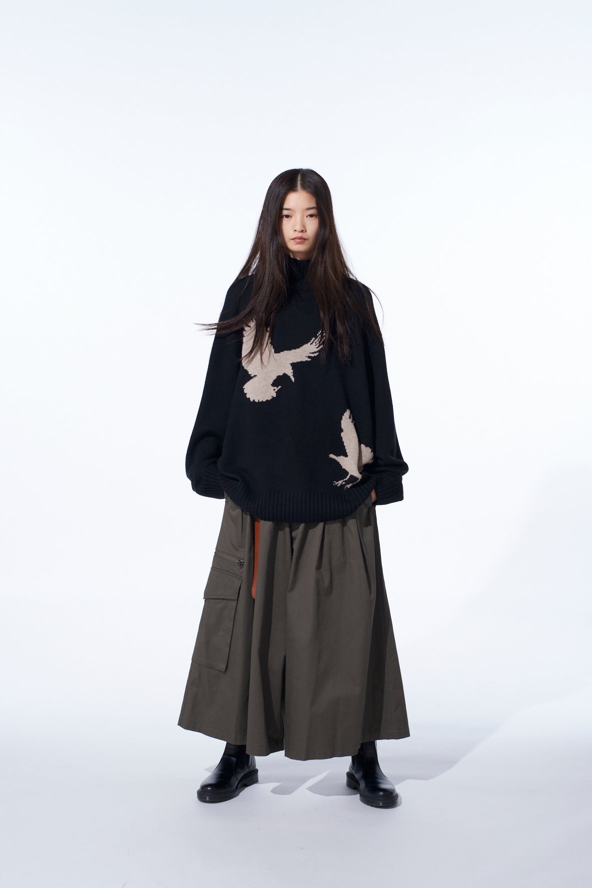 7G WOOL-BLEND INTARSIA CROW-PATTERN HIGH NECK KNIT