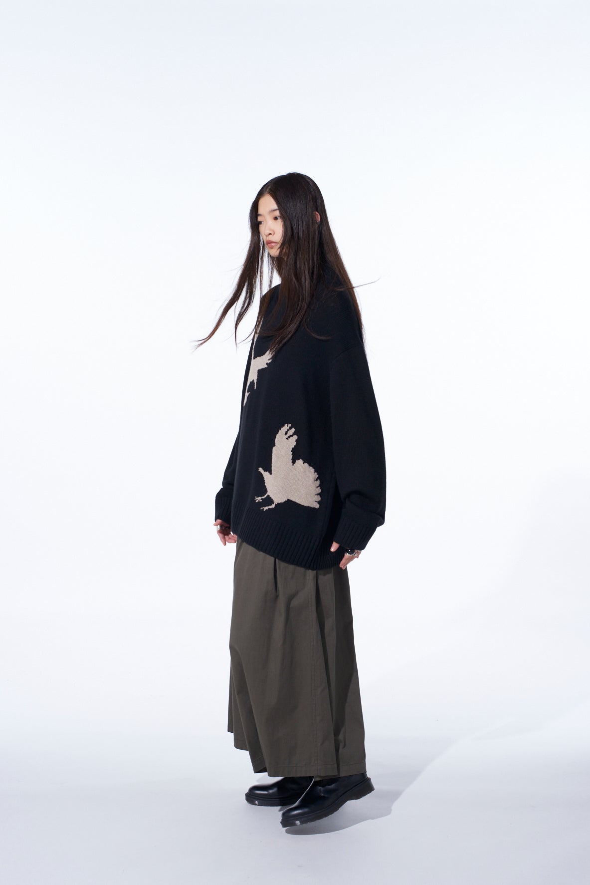 7G WOOL-BLEND INTARSIA CROW-PATTERN HIGH NECK KNIT