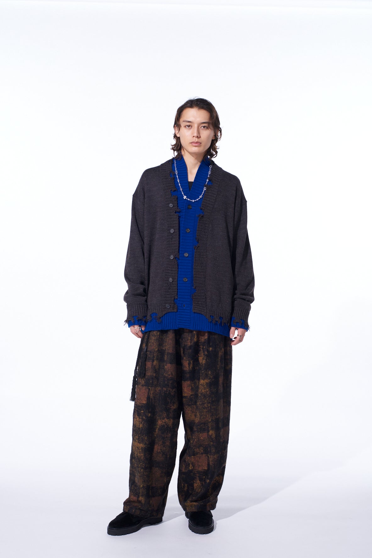 CORPILON BULKY WOOL COLOR-BLOCKED DAMAGE CARDIGAN