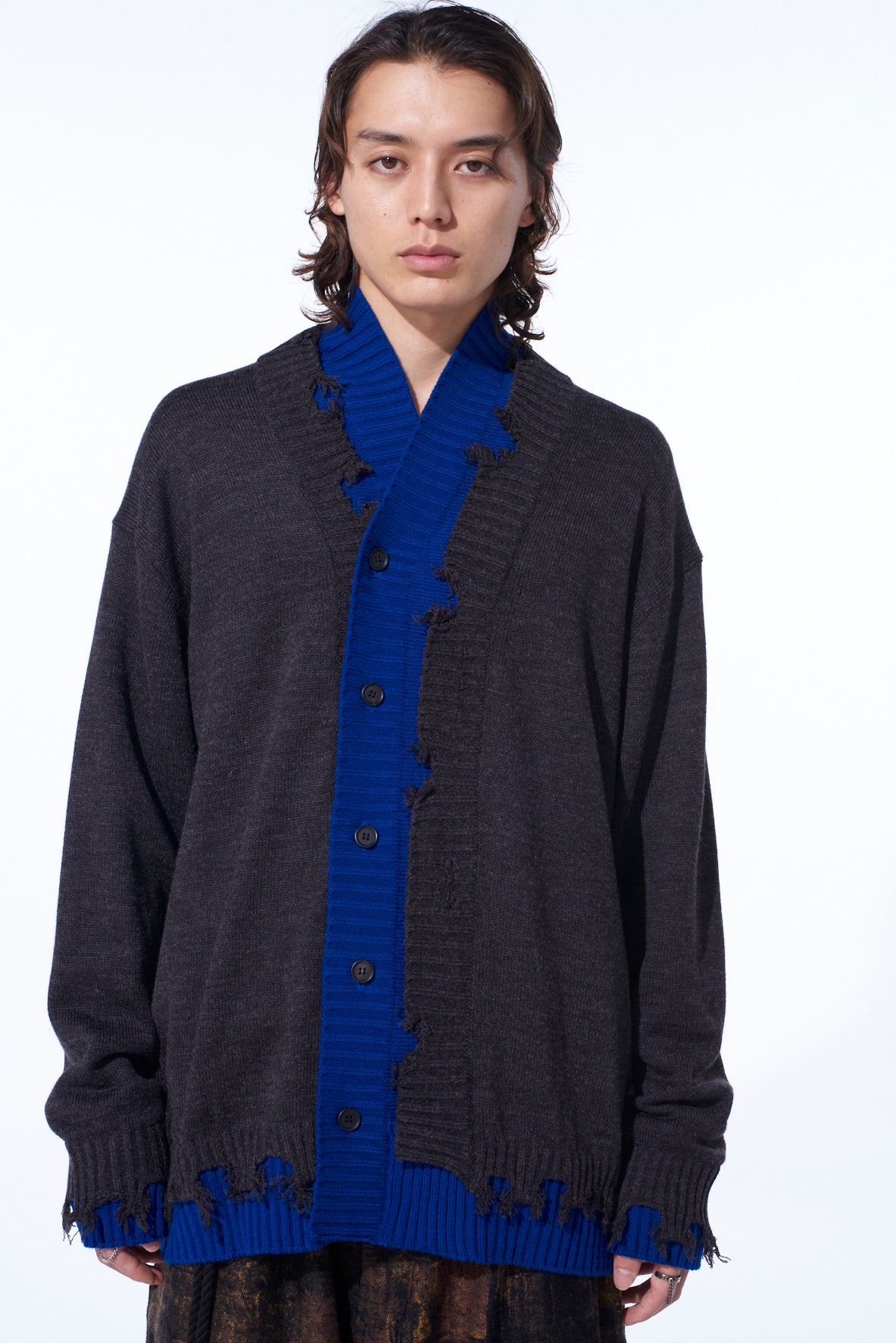 CORPILON BULKY WOOL COLOR-BLOCKED DAMAGE CARDIGAN
