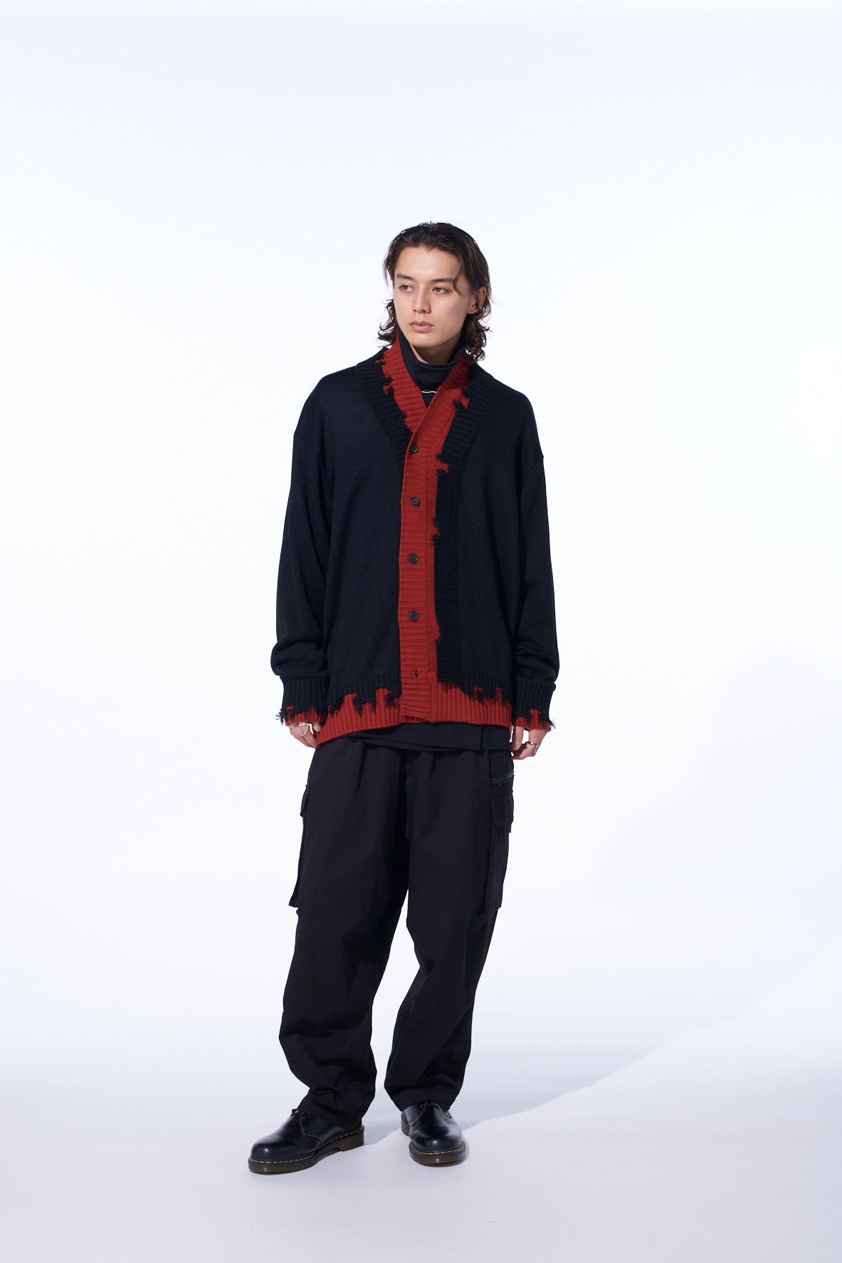 CORPILON BULKY WOOL COLOR-BLOCKED DAMAGE CARDIGAN