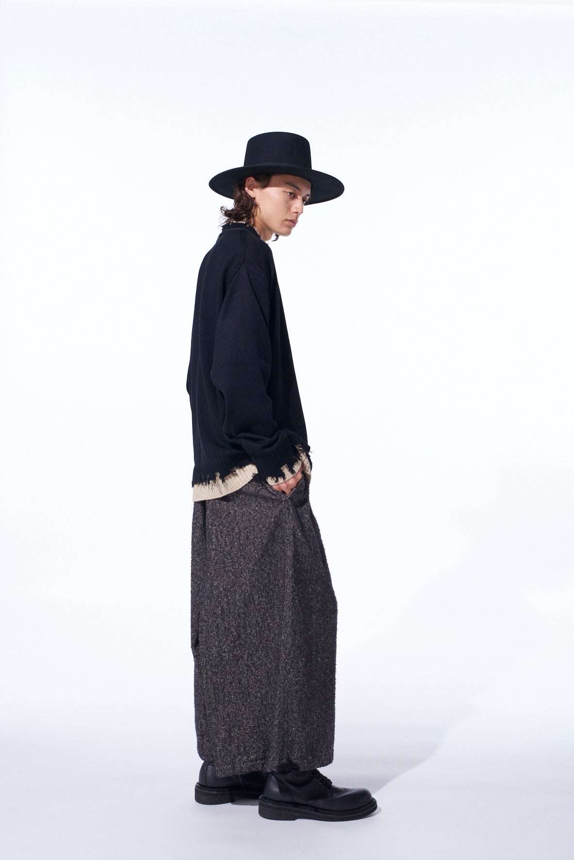 BRUSHED TWILL NEEDLE PUNCH ELASTIC HAKAMA PANTS