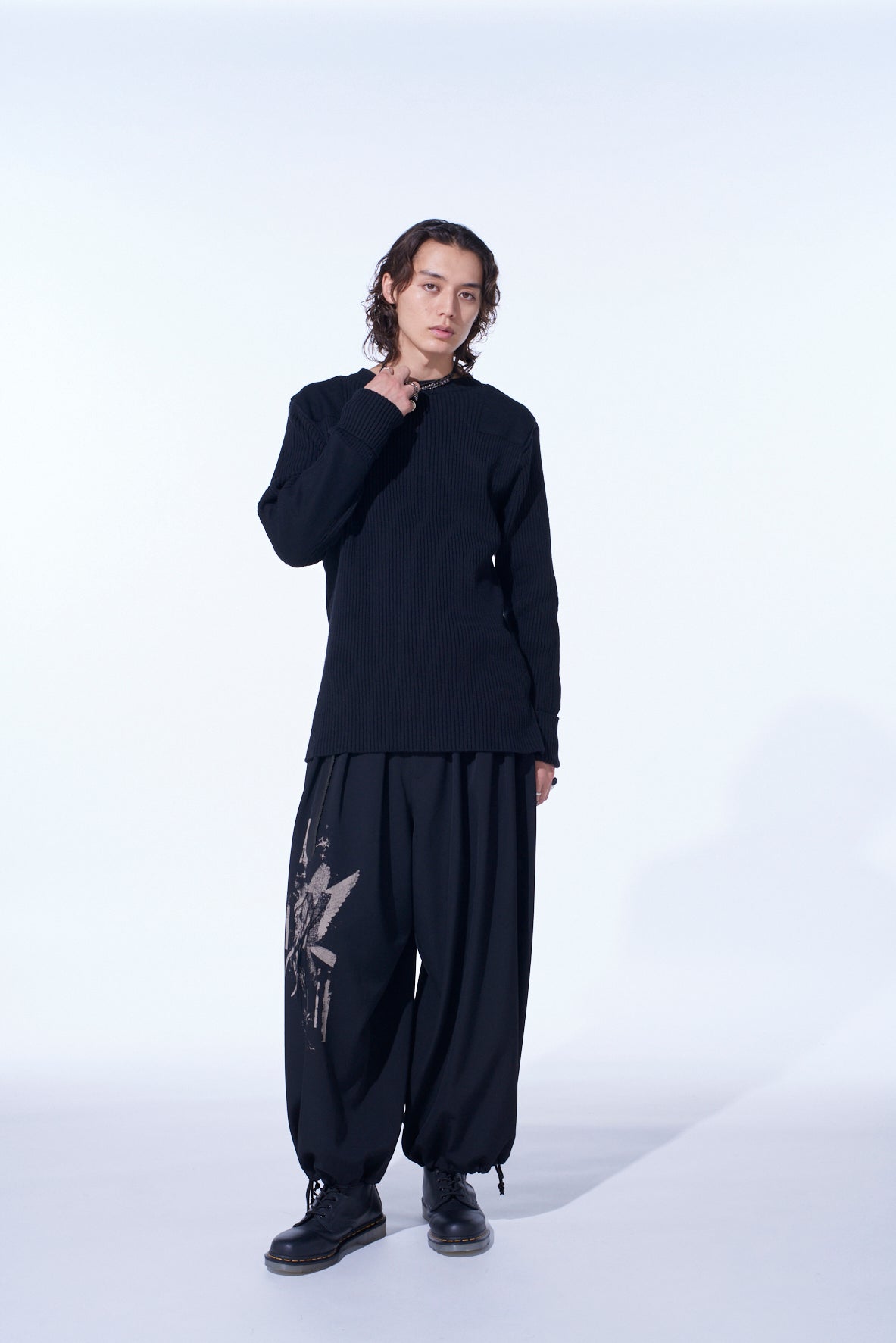 WASHER WOOL GABARDINE PRINT EMBROIDERY BALLOON PANTS
