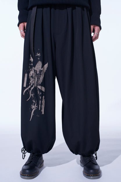 WASHER WOOL GABARDINE PRINT EMBROIDERY BALLOON PANTS