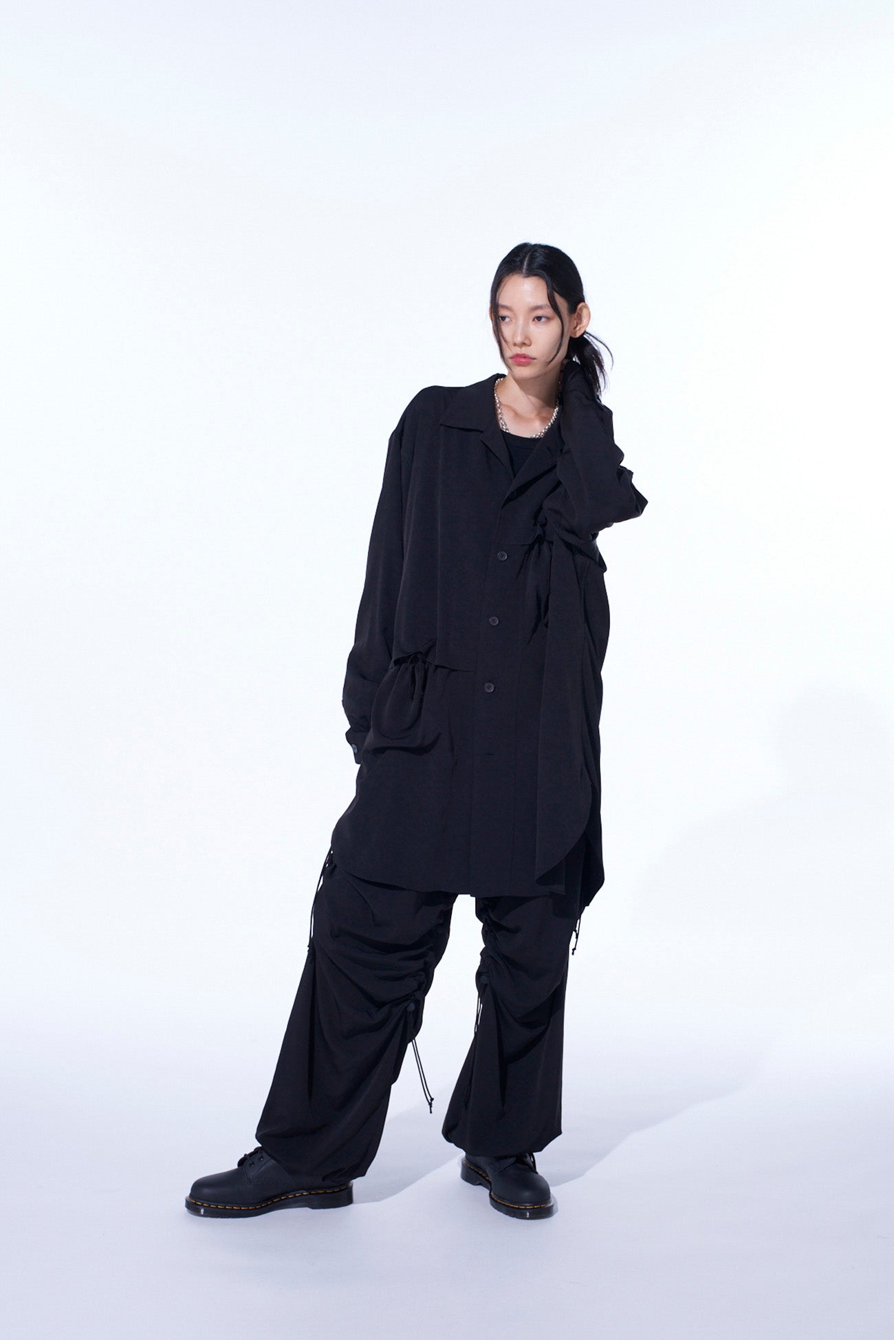 CREPE de CHINE SHIRRING WIDE PANTS