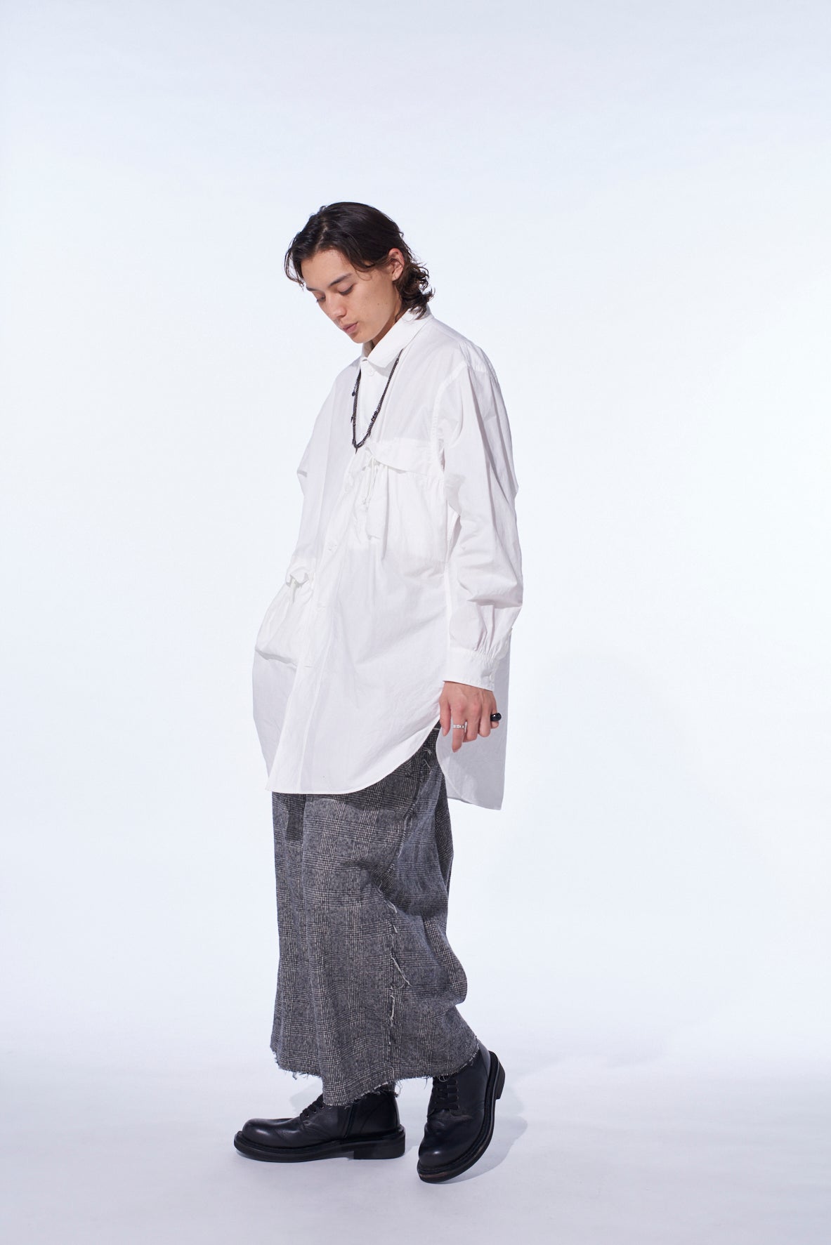 GLEN CHECK RAW EDGE WIDE SAROUEL PANTS
