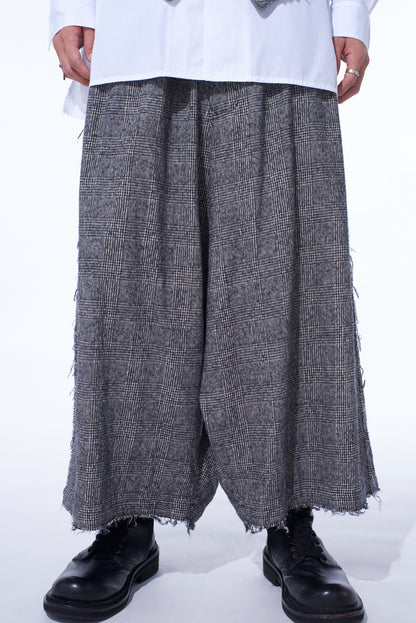 GLEN CHECK RAW EDGE WIDE SAROUEL PANTS