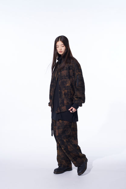 CHECK JACQUARD WAIST-STRING WIDE PANTS