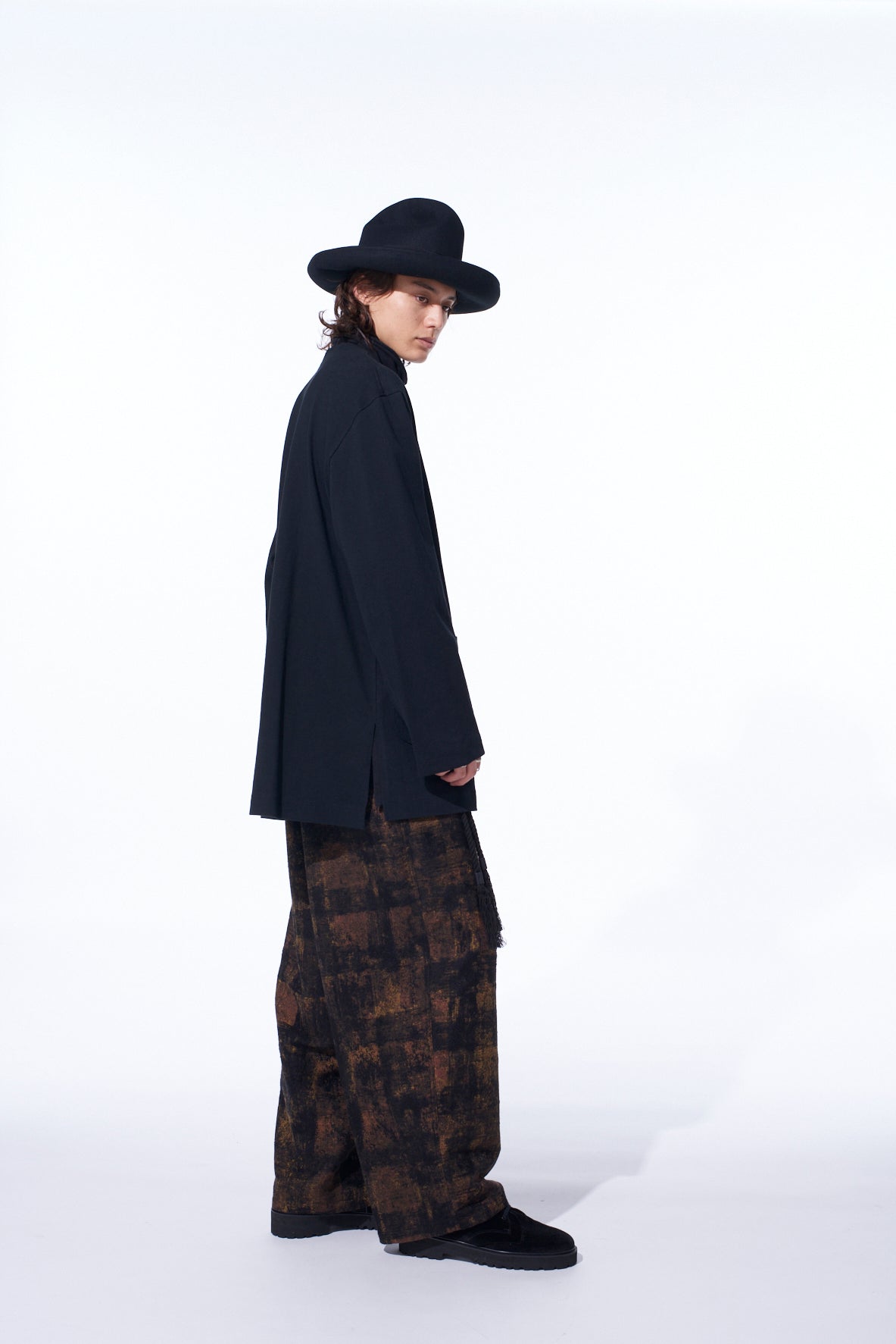 CHECK JACQUARD WAIST-STRING WIDE PANTS