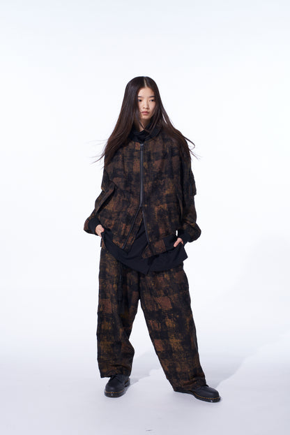 CHECK JACQUARD WAIST-STRING WIDE PANTS