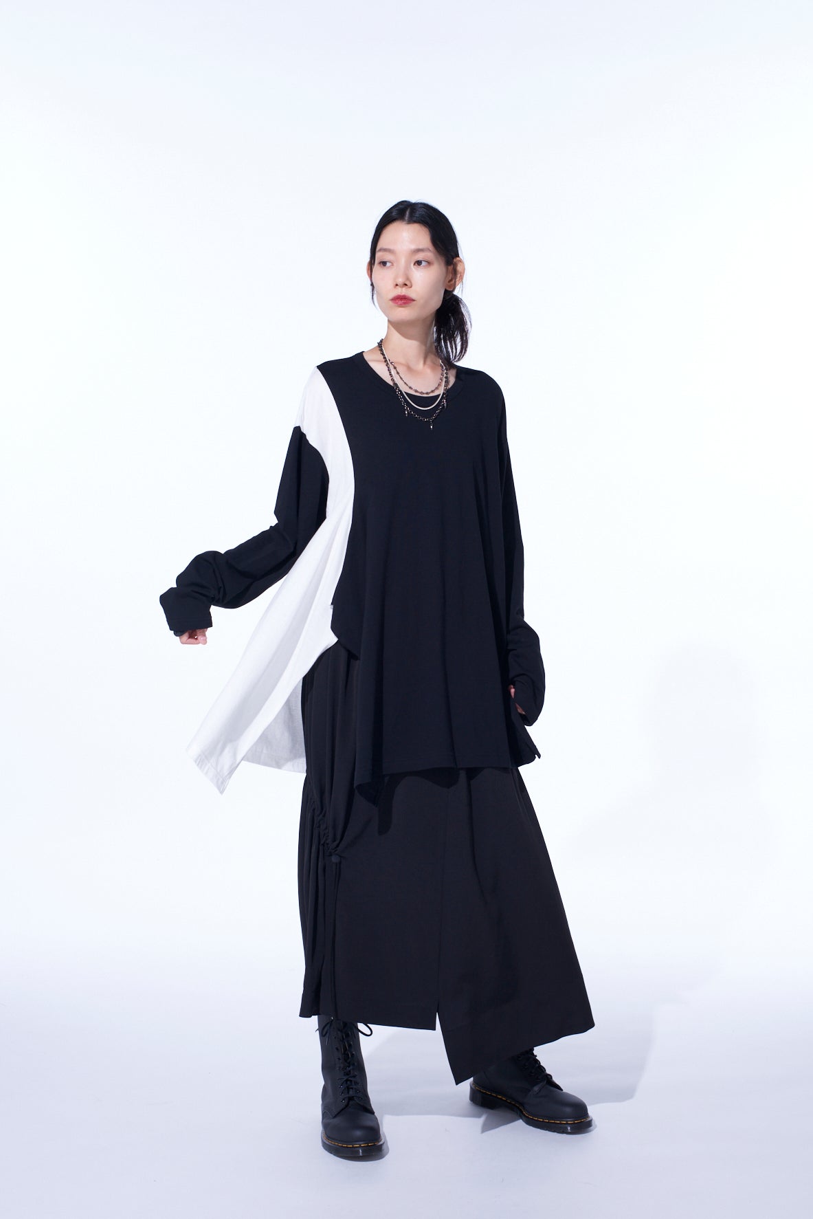 COTTON JERSEY FABRIC SWITCH L/S DRAPED T-SHIRT