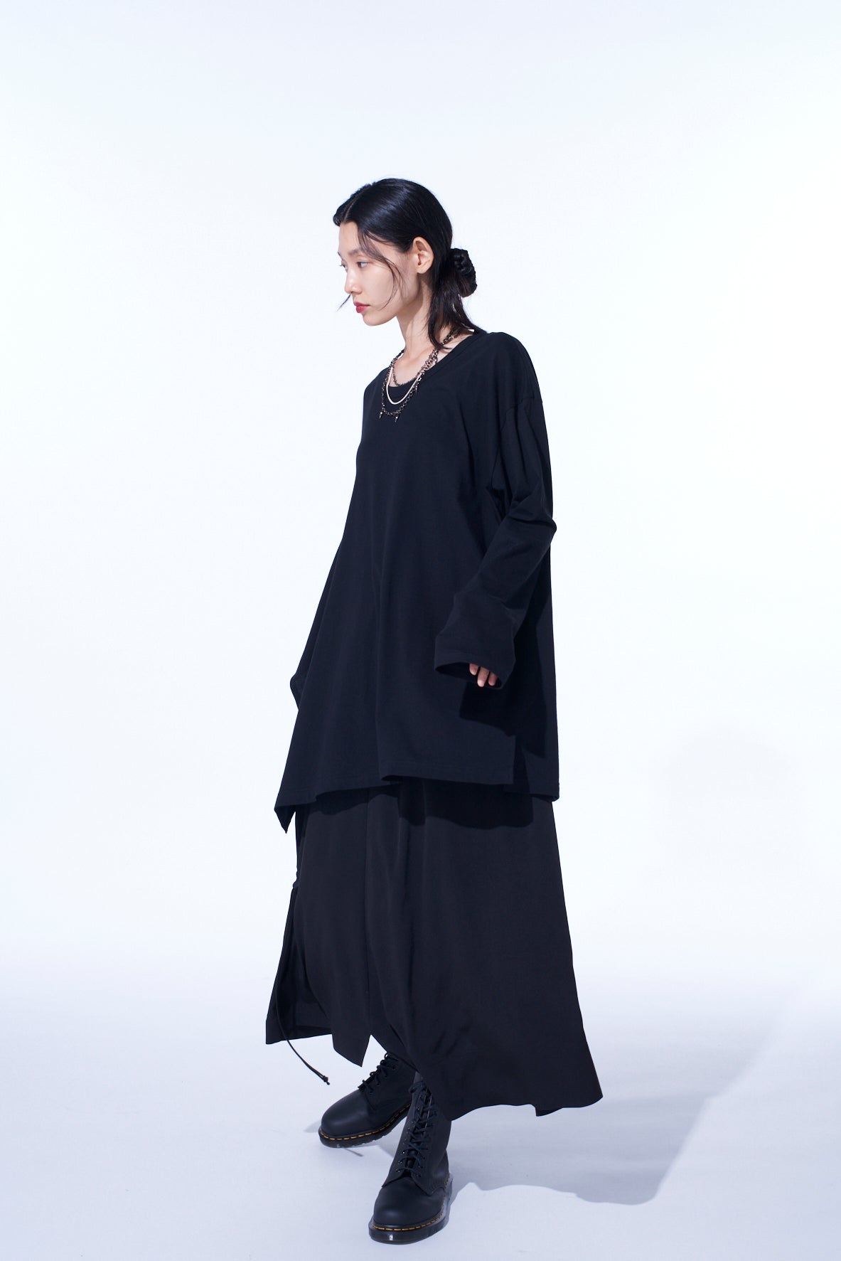 COTTON JERSEY FABRIC SWITCH L/S DRAPED T-SHIRT