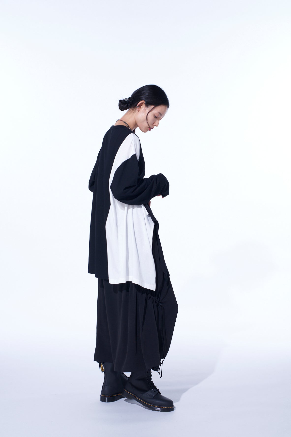 COTTON JERSEY FABRIC SWITCH L/S DRAPED T-SHIRT