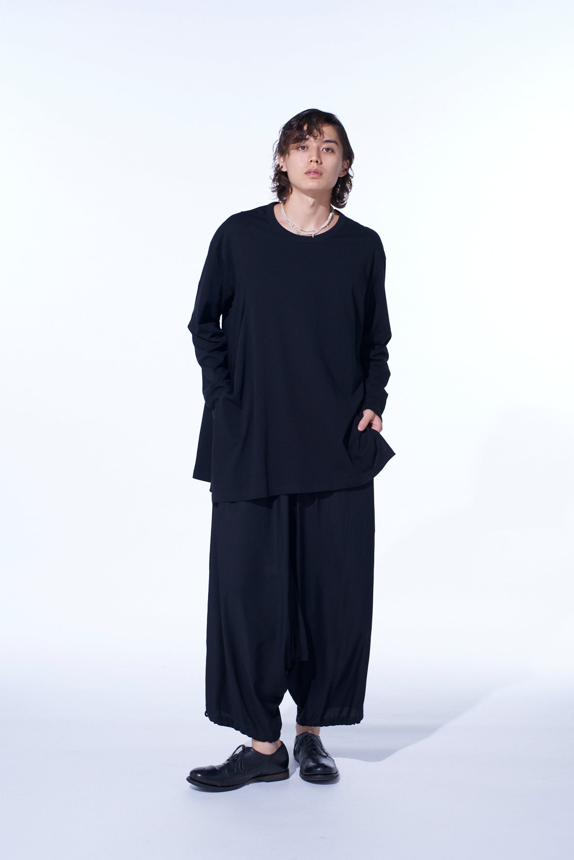 COTTON JERSEY FABRIC SWITCH L/S DRAPED T-SHIRT