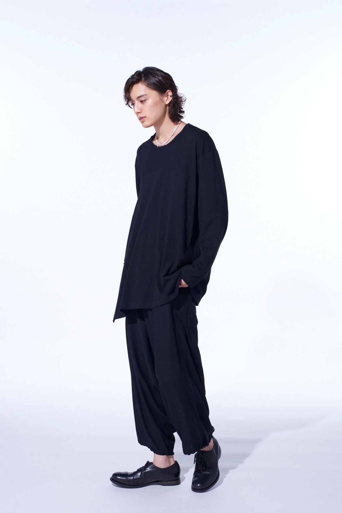 COTTON JERSEY FABRIC SWITCH L/S DRAPED T-SHIRT